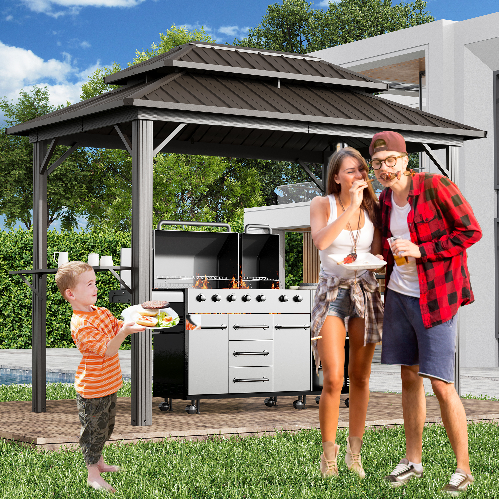 HOMREST 10' x 6' Hardtop Grill Gazebo, Outdoor BBQ Gazebo with 2 Side Shelves and Bottle Opener, All-weather Grill Gazebo with Galvanized Steel Double Roof for Patio, Lawn, Backyard, Brown