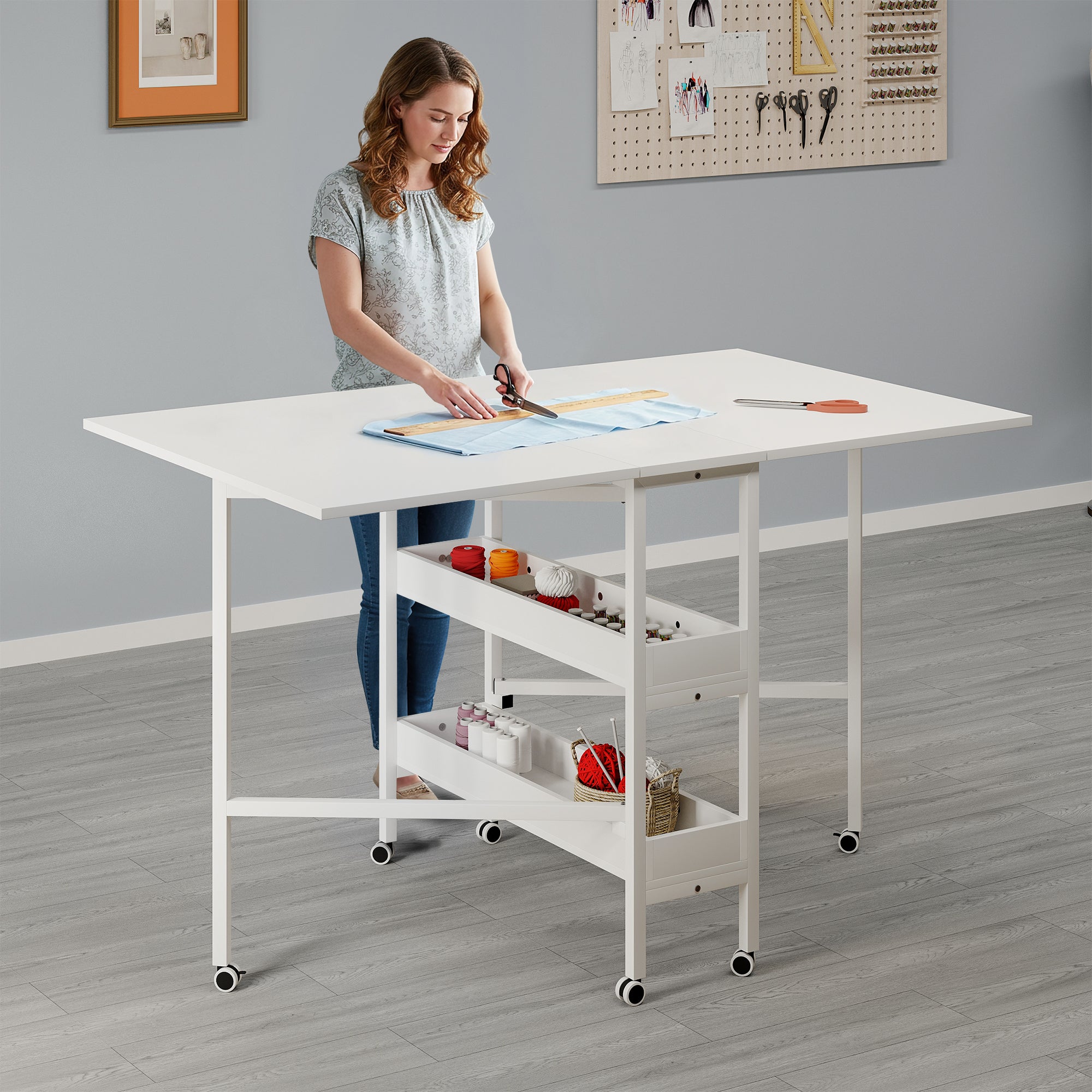 HOMREST Home Hobby Sewing Table with Storage Shelves and Storage Bag, Mobile Folding Cutting Table for Large Fabric, Foldable Table for Home Office Sewing Room Craft Room, Fixed Height 36in
