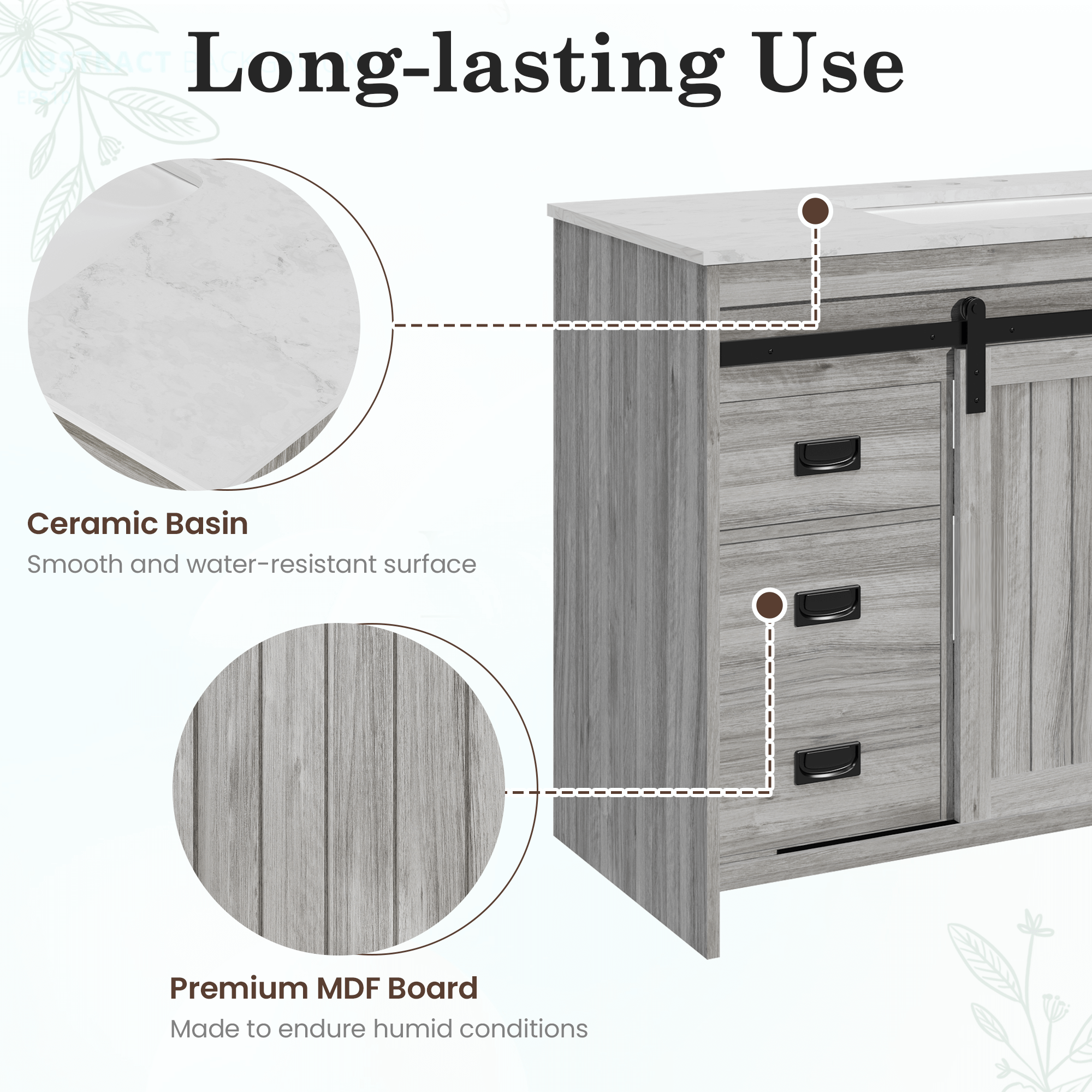 HOMREST 48" Farmhouse Single Bathroom Vanity with Engineered Stone Top, Sliding Barn Door Sink Vanity, Gray