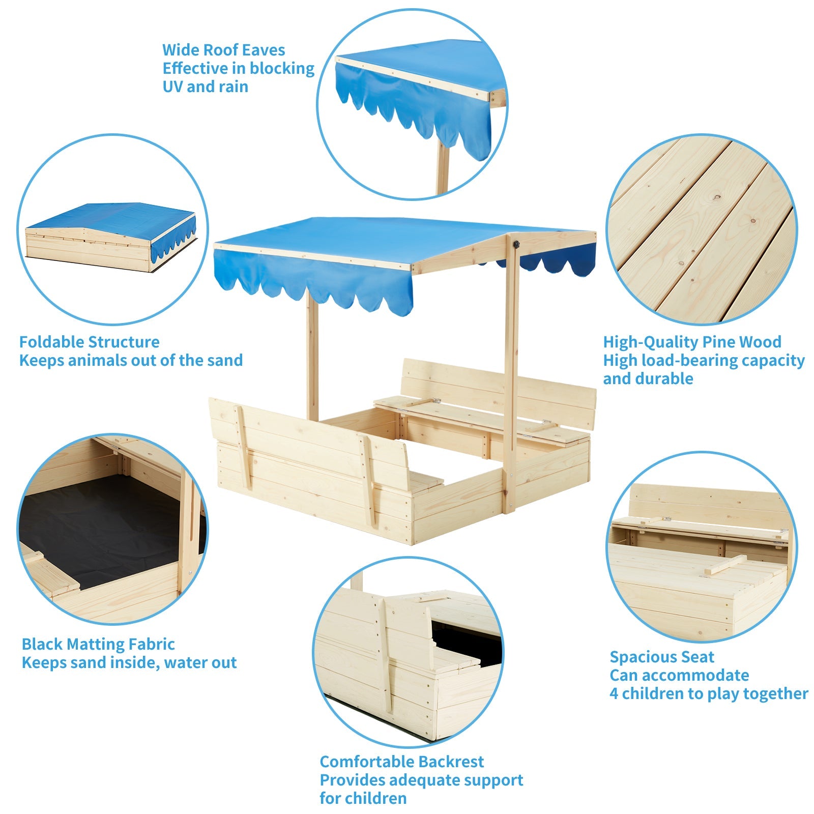 Homrest Kids Wooden Outdoor Sandbox with UV50 Sun/Sand Protection Liner Function Canopy, 2 Foldable Bench Seats, Height Adjustable Roof