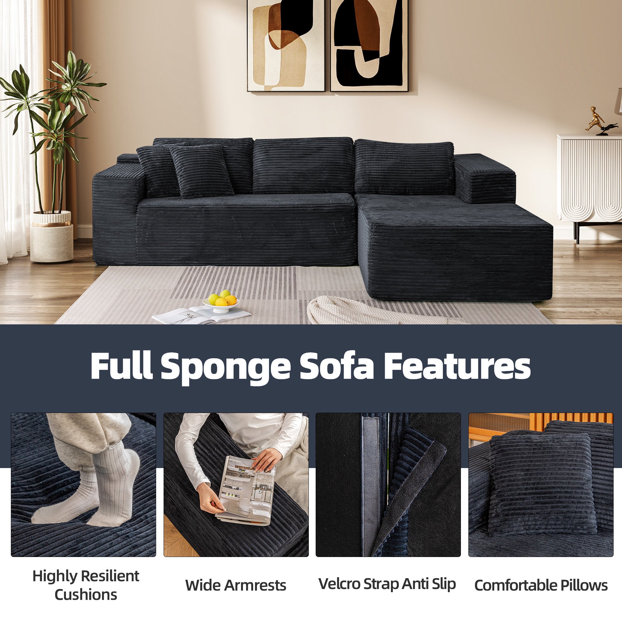 HOMREST 106 inch Cloud Sectional Couch with Chaise Lounge for Living Room, Corduroy Fabric, Black