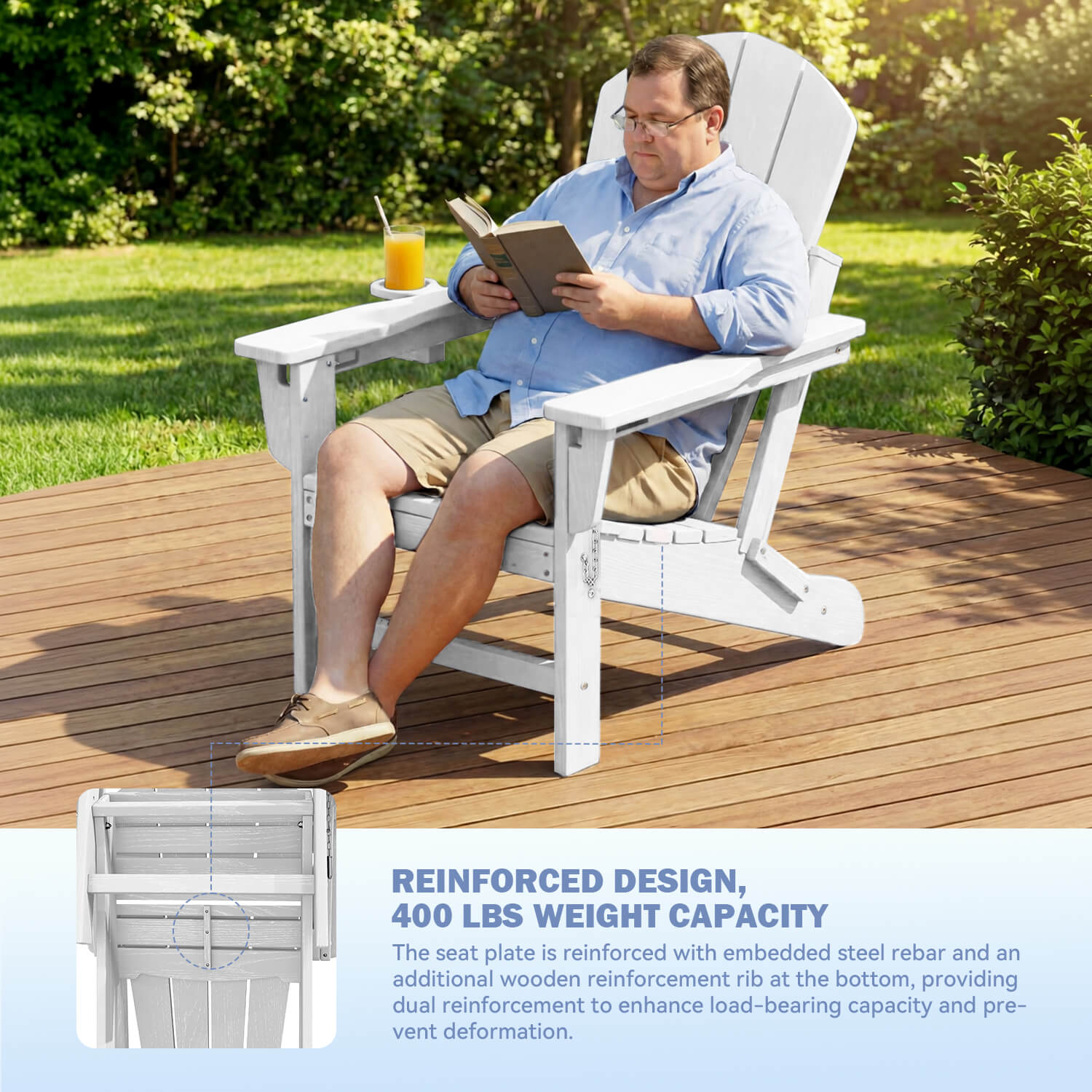 HOMREST 3-Position Adjustable Adirondack Chairs Set of 4, 400LBS HDPE Folding Outdoor Chairs with Cup Holder, White