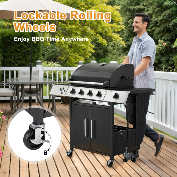 HOMREST Upgraded 44,000 BTU Stainless Steel Burner Barbecue Grill, 4 Burner BBQ Propane Gas Grill with Side Stove & Cast Iron Grates for Patio, Camping, Outdoor Cooking