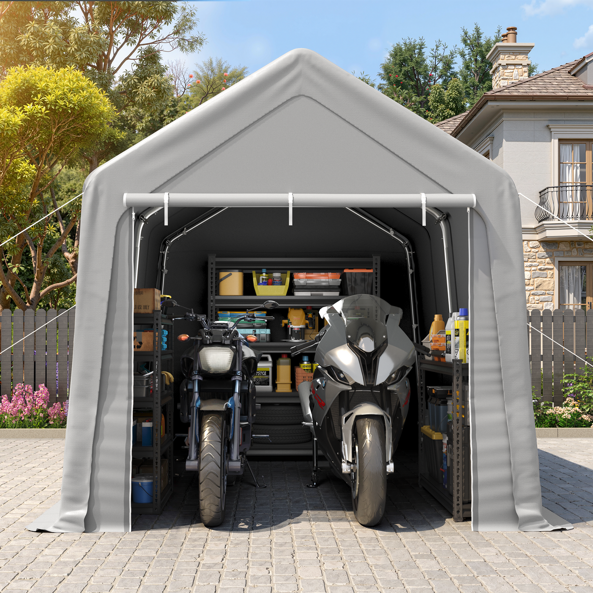 HOMREST 8 x 12 FT Carport Storage Shed, Outdoor Motorcycle Shed with Roll-Up Zipper Door & Vent, UV-Resistant Carport for Motorcycle, Firewood, Tools, Grey
