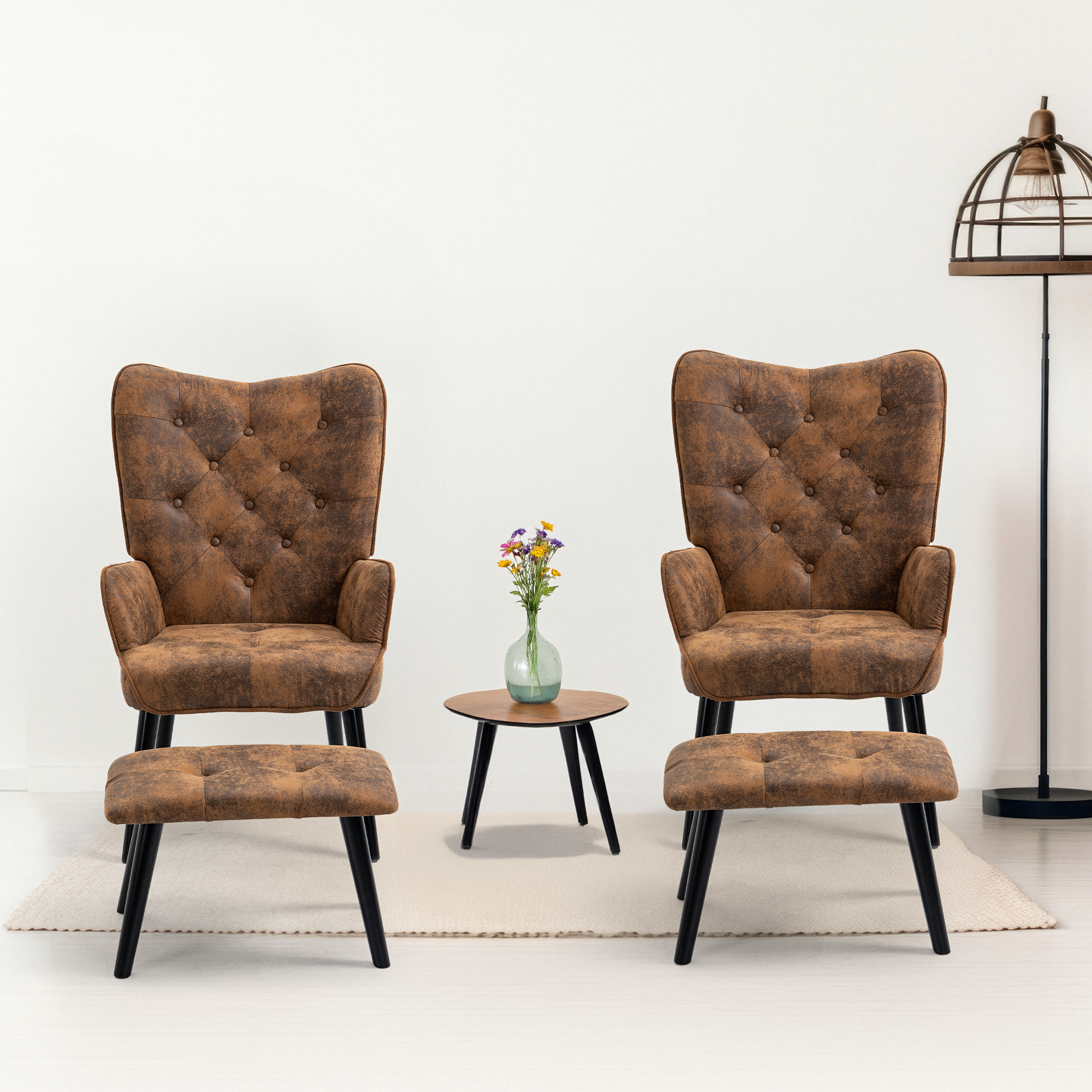 HOMREST Accent Chair with Ottoman(Anti-Skid Feet Caps), Button Wingback Leisure Single Sofa, Arms Upholstered Tall Back Desk Chair, Brown
