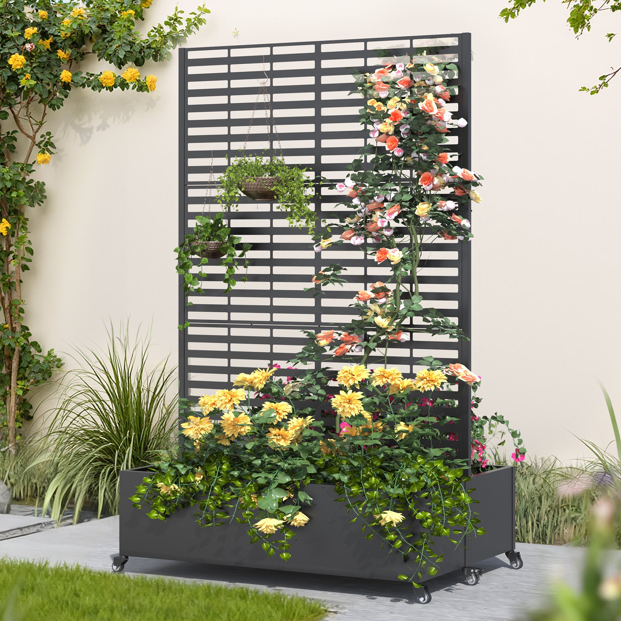 HOMREST Dual Metal Planter Box with Trellis, 73"x47"x31" Raised Garden Bed with Wheels and Drainage Holes, Planter with Trellis for Garden, Balcony & Patio, Black