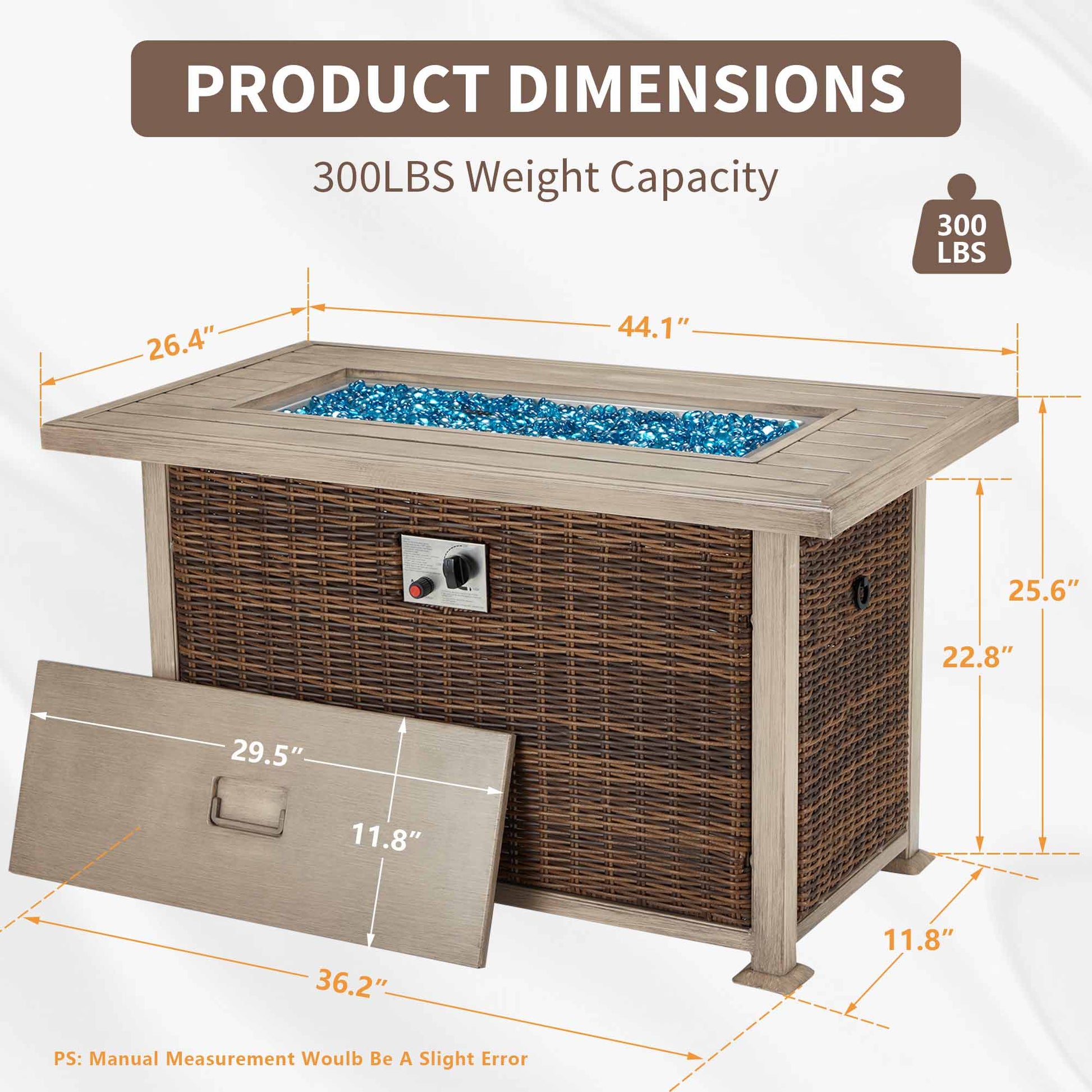 Product Dimensions of 44 Inch Propane Fire Pit Table with Waterproof Cover for Patio, Brown| Homrest Furniture