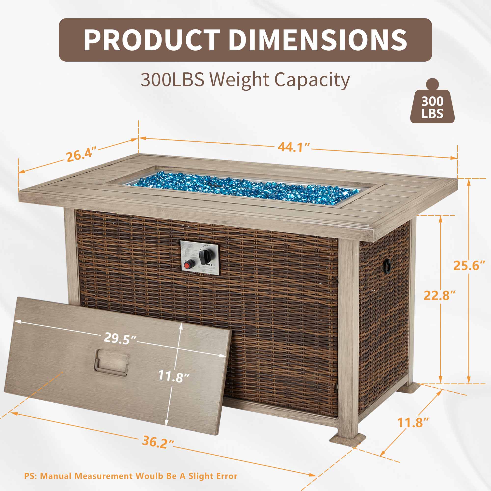Product Dimensions of 44 Inch Propane Fire Pit Table with Waterproof Cover for Patio, Brown| Homrest Furniture