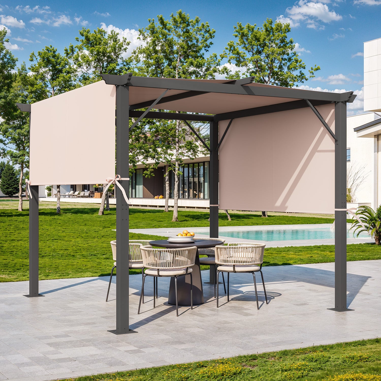 HOMREST Outdoor Pergola 10x10 Ft, Metal Freestanding Shelter with Adjustable Side Sun Shades, Canopy for Patios Backyard Garden Deck (Beige)