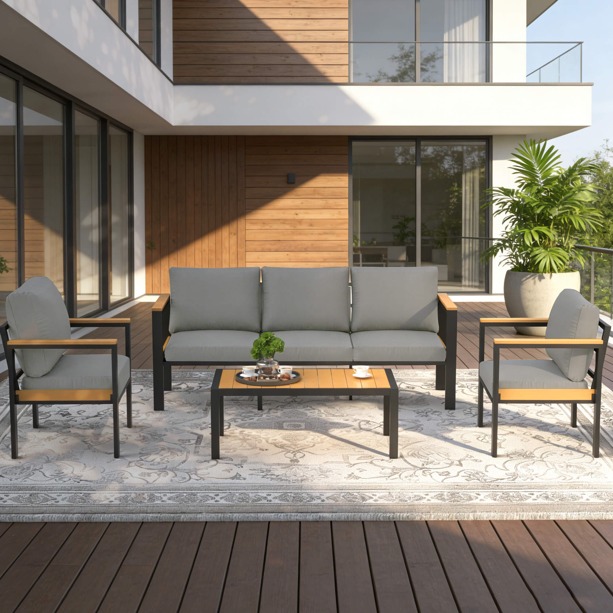 HOMREST 5 Piece Patio Furniture Set, Metal Patio Conversation Set with Coffee Table, All-Weather Outdoor Furniture, Gray