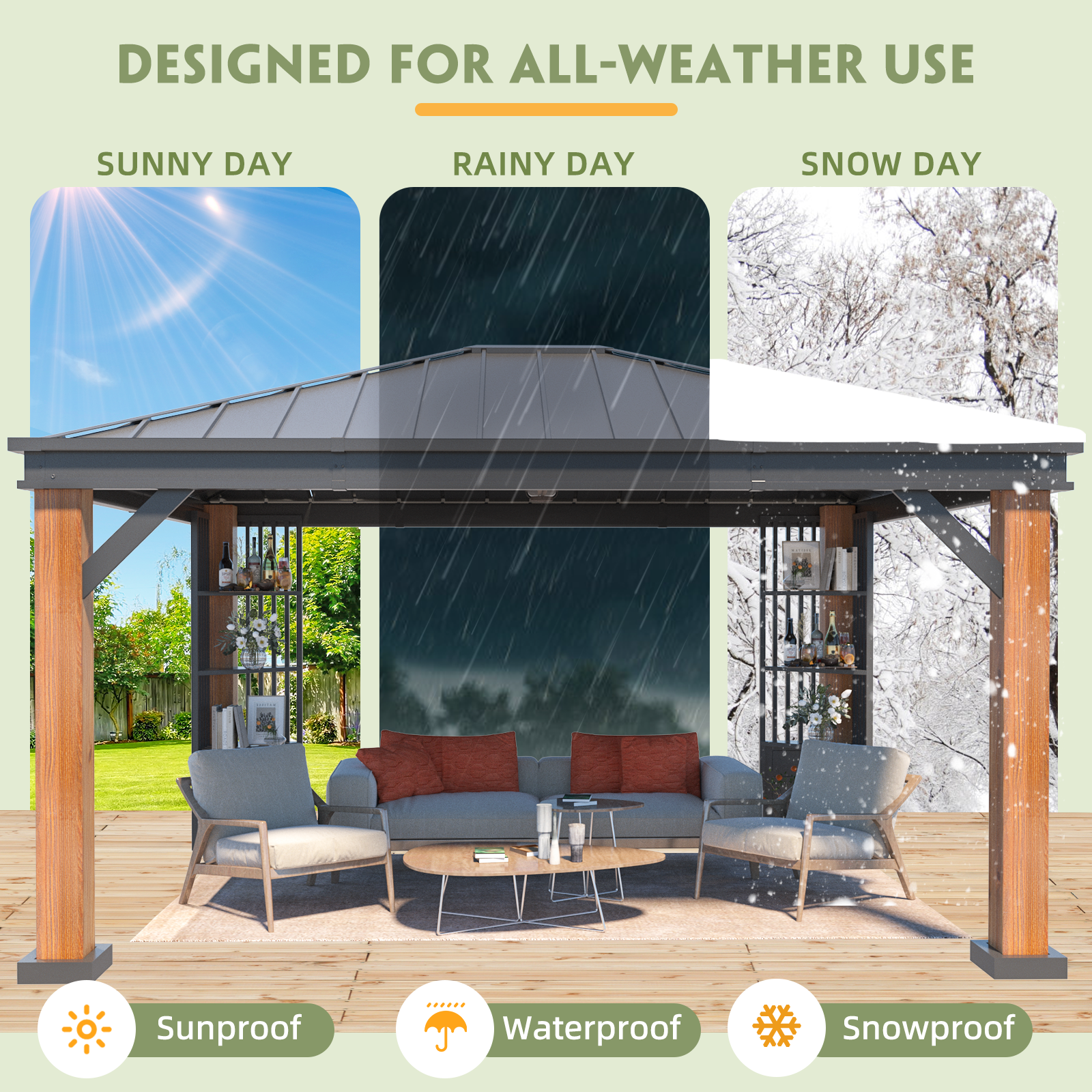 Homrest 12' x 14' Hardtop Gazebo, Galvanized Steel Top with Wood Grain Aluminum Frame, Permanent Metal Pavilion with Three-Layer Storage Shelvess