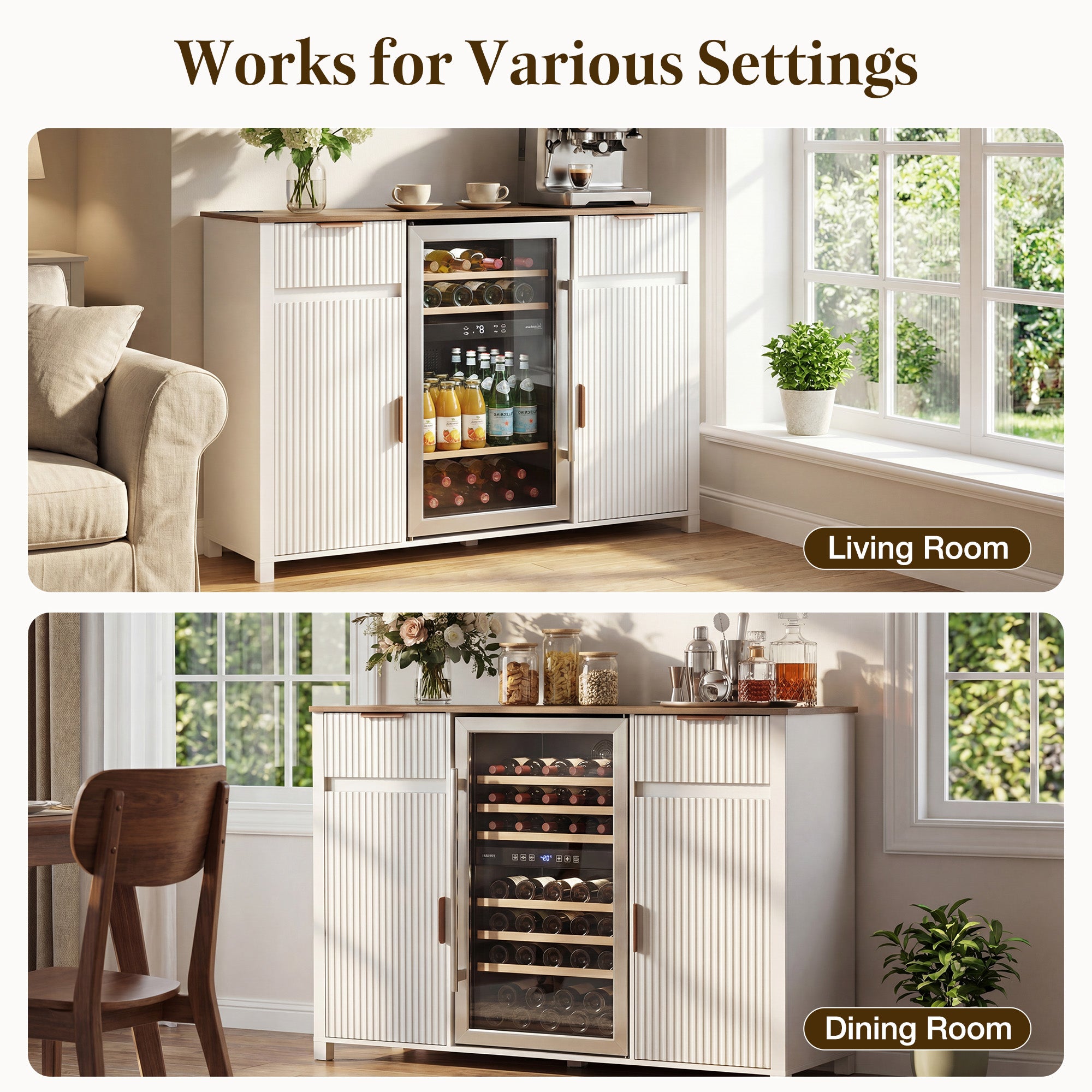 HOMREST 53" Large Coffee Bar Cabinet with Fridge Space & Power Outlet, Mini Fridge Cabinet with Drawer & Door Storage, Wine Bar & Buffet Sideboard for Kitchen and Dining Room, Liquor Cabinet, White