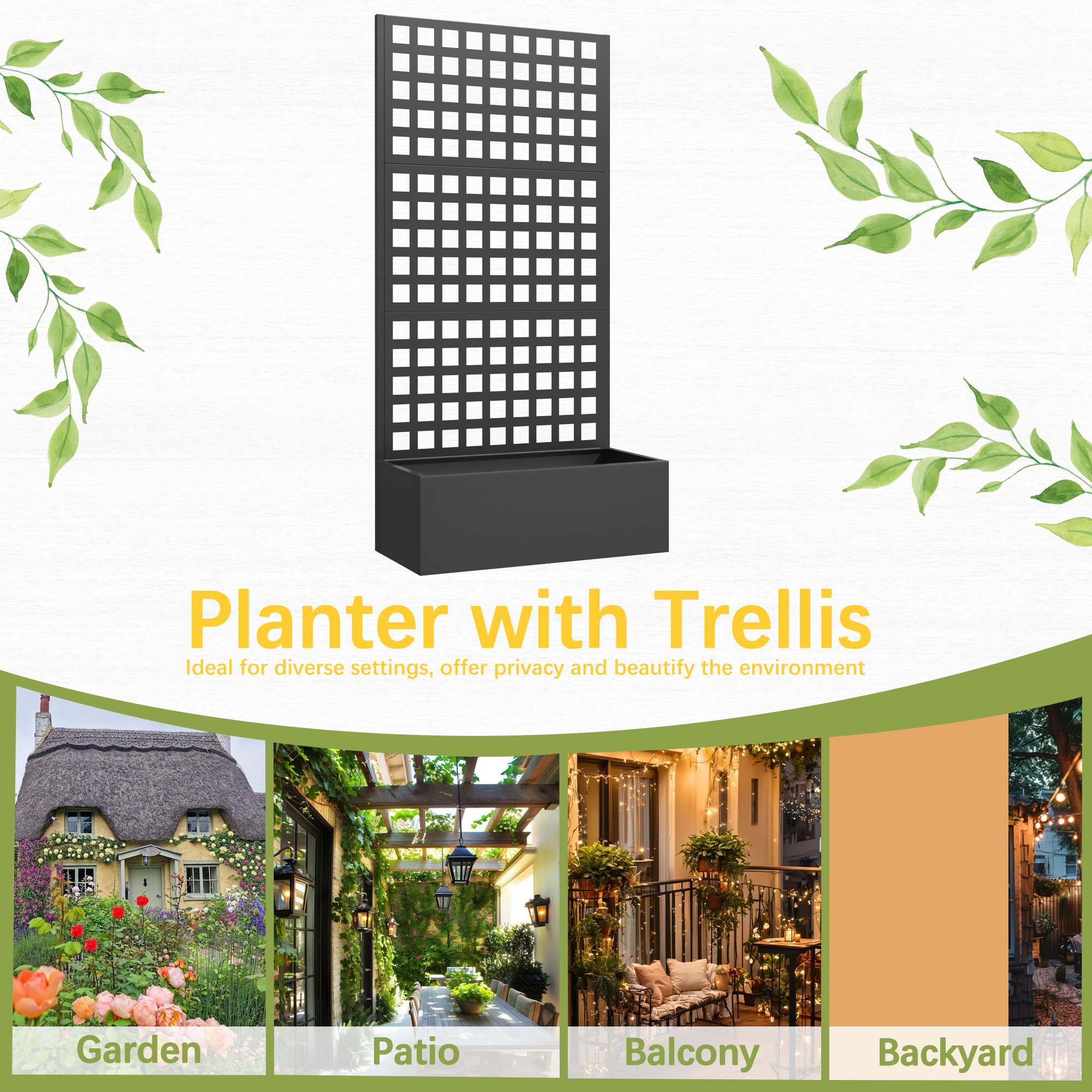 HOMREST Metal Planter Box with Trellis, 71"x 35"x 16" Raised Garden Bed with Trellis, Planter Box Trellis with Privacy Screen and Drainage Holes, Black