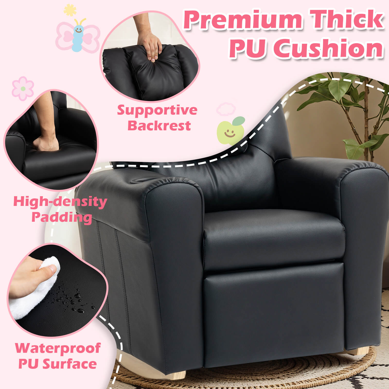 HOMREST Kids Recliner Chair with Cup Holder, Leather Toddler Recliner with Adjustable Backrest, Curved Rocking Legs and Comfy Armrests, Black