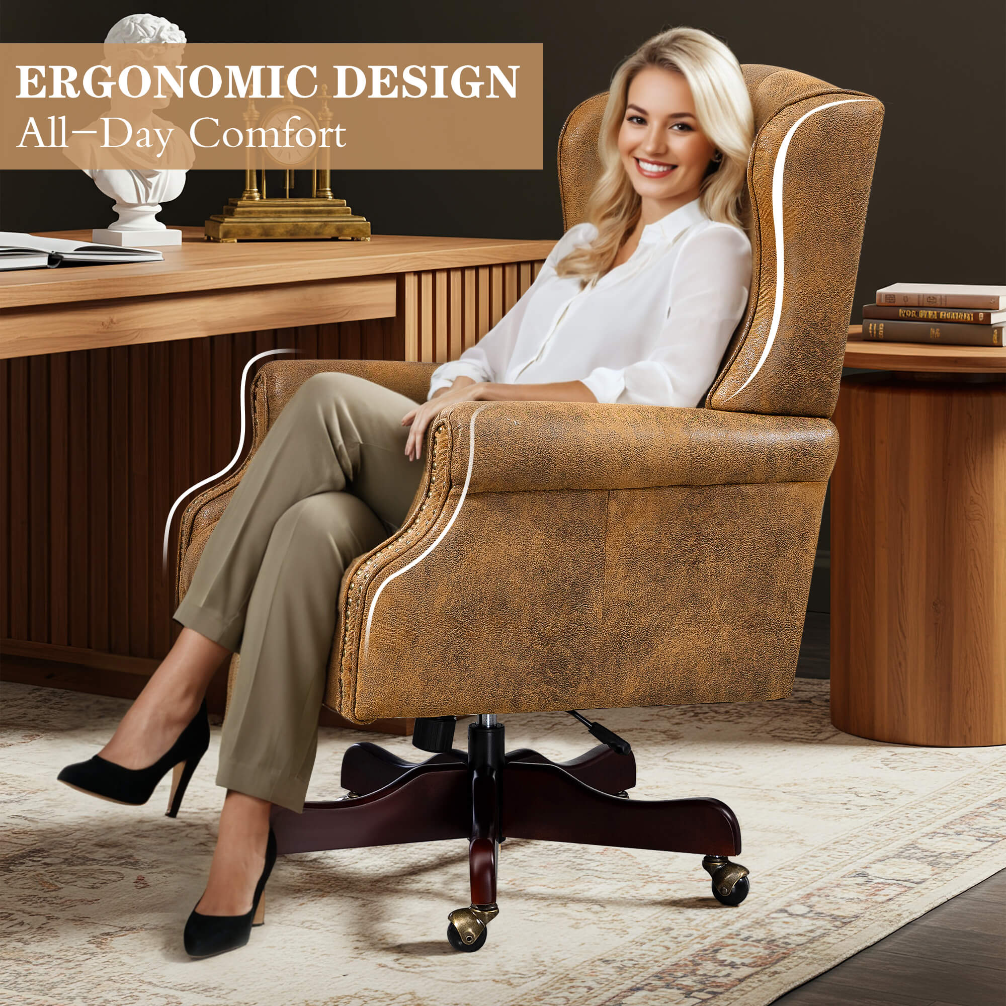 Homrest Executive Wingback Office Chair – Bomber Brown PU Leather High Back Desk Chair