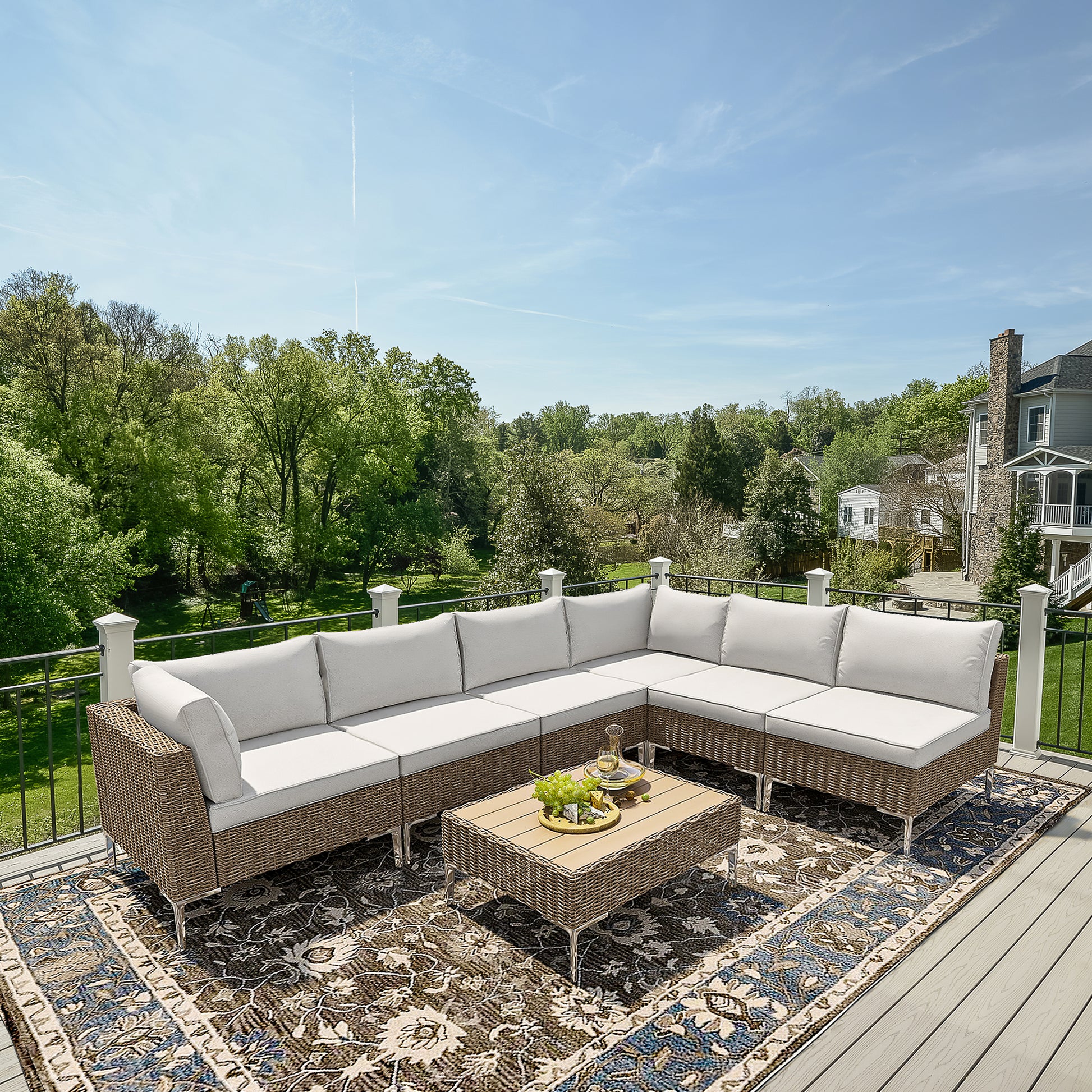 7 Pcs Outdoor Sectional Sofa, Half-Round Rattan Furniture Set with Tea Table, Beige | Homrest Furniture