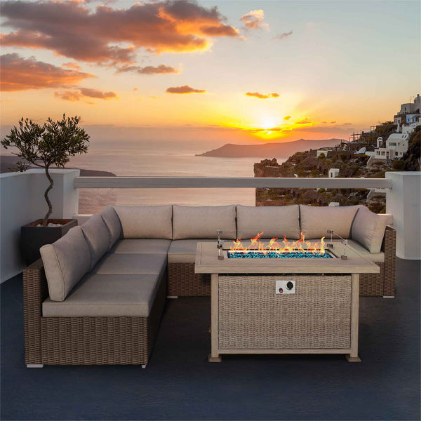 Patio Sofa Set with Propane Fire Pit with Aluminum Table Top and Glass Wind Guard for Christmas Party and Decoration, Gray