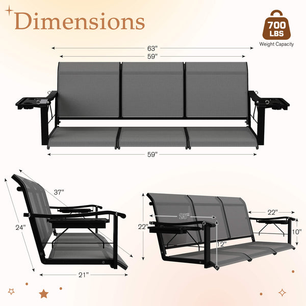 HOMREST Textilene 3 Seat Porch Swing with Cup Holder, 5.3FT Patio Hanging Swing Bench with with Hanging Chains, 700 LBS Capacity, Gray