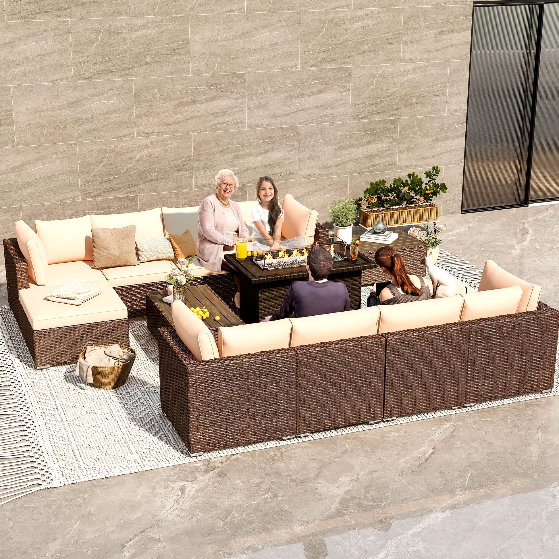 Homrest patio sofa set with fire pit table