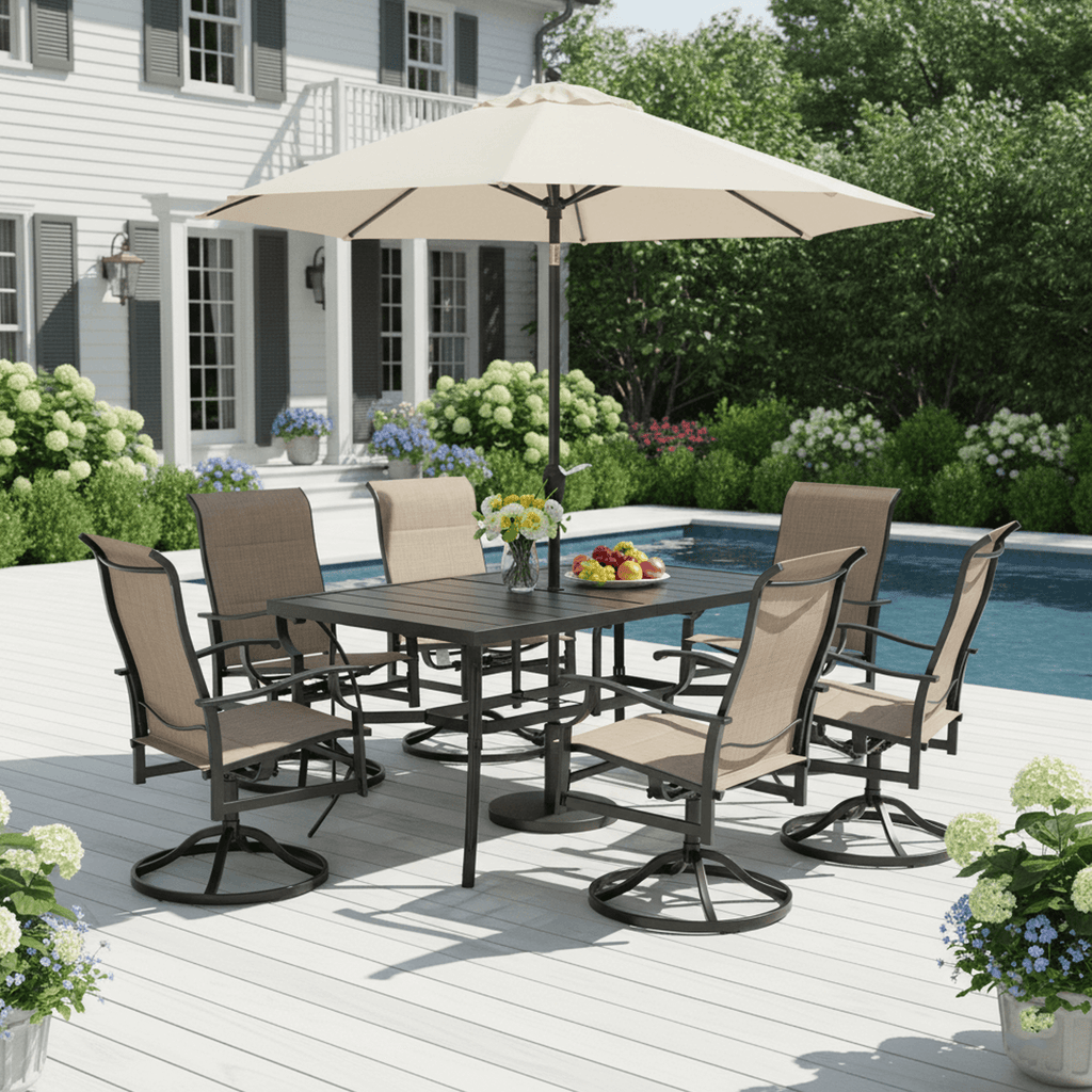HOMREST 7 Piece Outdoor Patio Dining Set with 6 Swivel Rocker Chairs, Rectangular Metal Table with Umbrella Hole, Brown