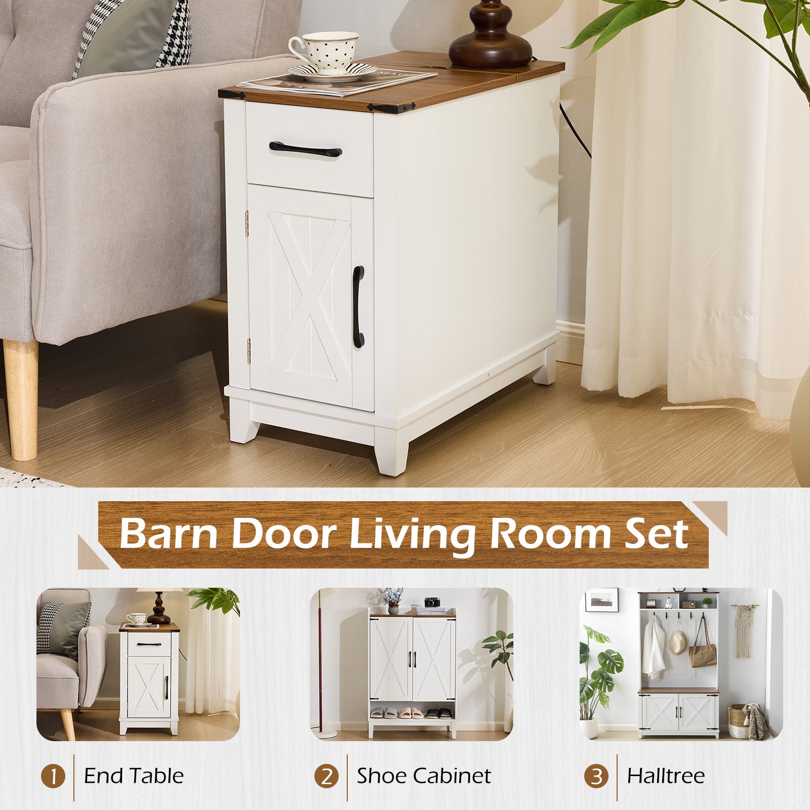HOMREST Farmhouse End Table with Charging Station, Narrow Side Table for Living Room, Nightstand with Drawer and Storage Cabinet, White