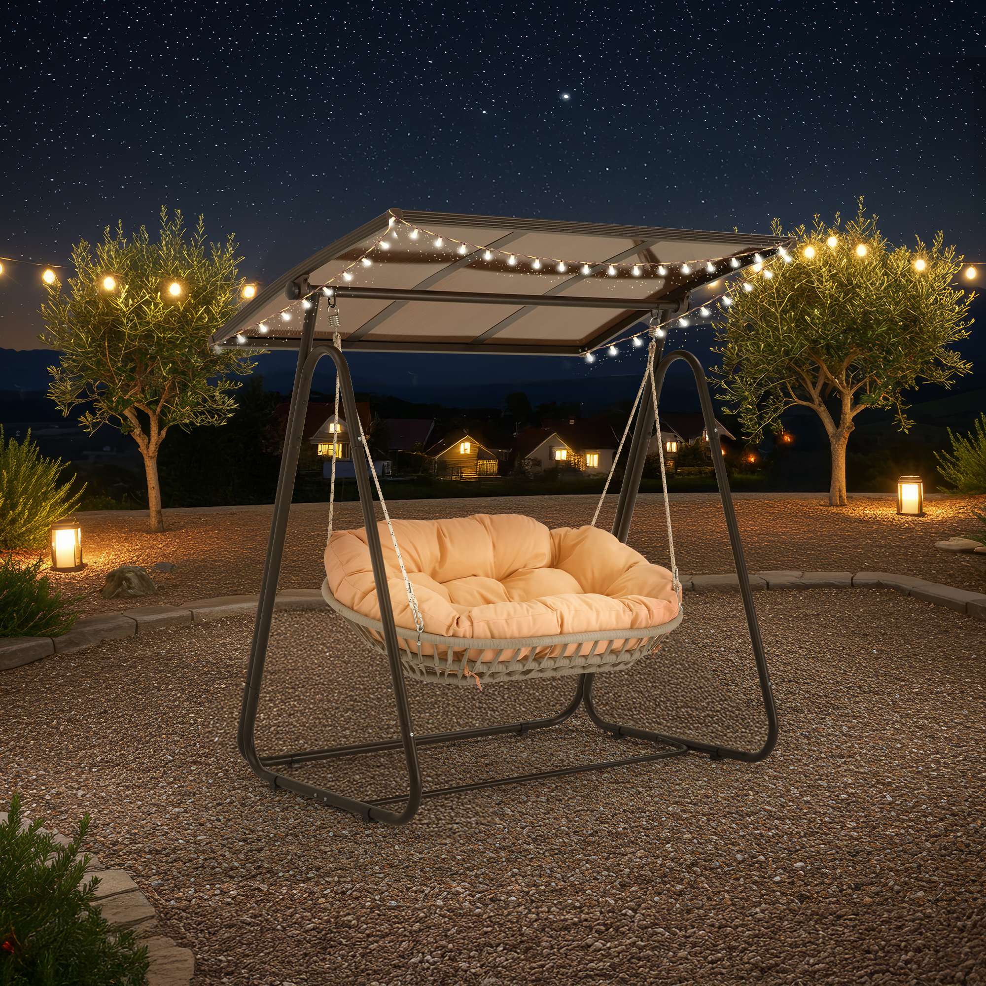 HOMREST 2-Seat Patio Swing Chair with Adjustable Canopy, Beige
