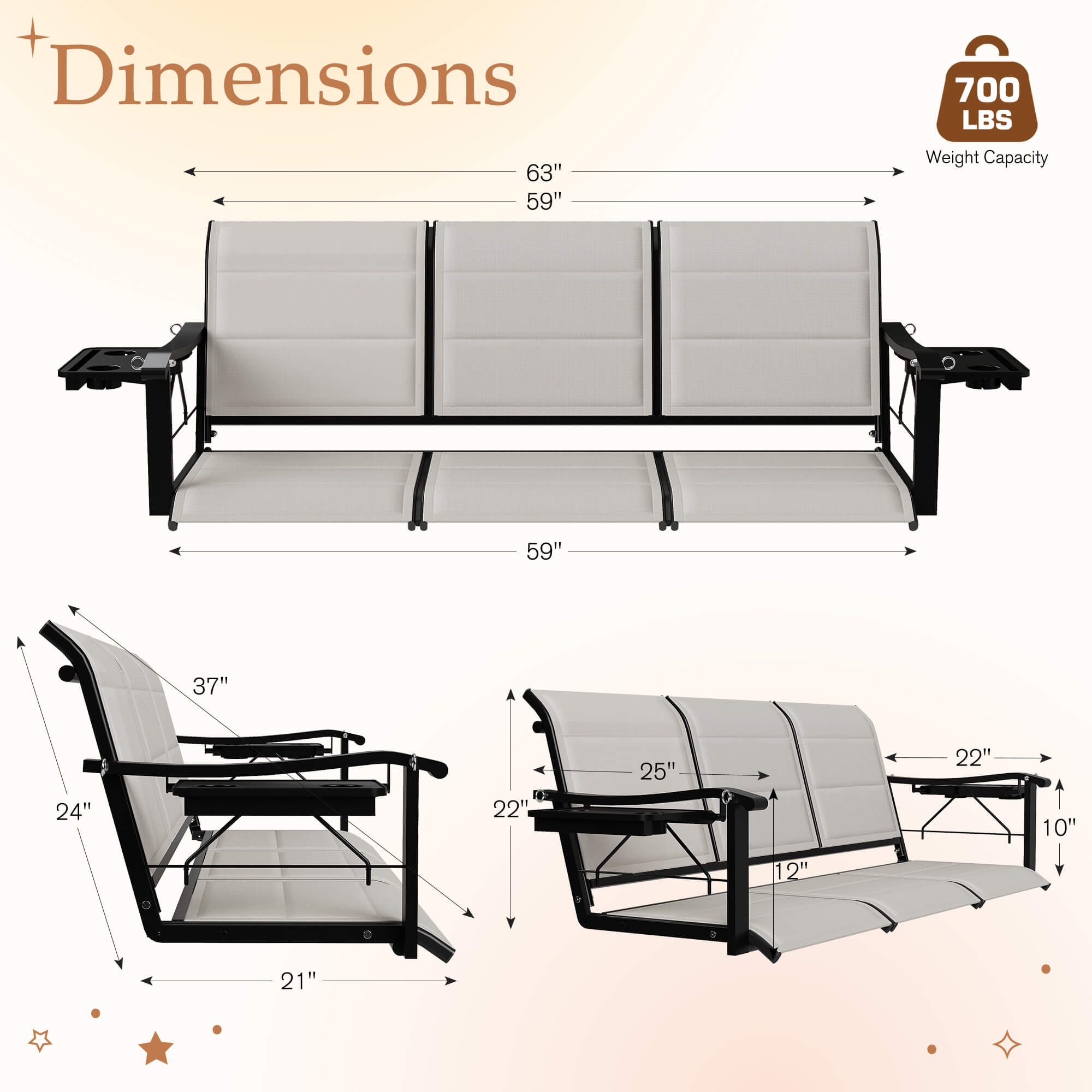 HOMREST 3-Seat Porch Swing with Cup Holders, 5.3 FT Textilene Patio Hanging Swing Bench with Cotton Layer, Hanging Chains, 700 LBS Capacity, Beige