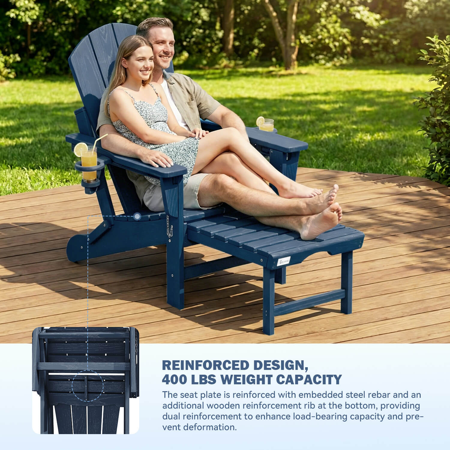 HOMREST 3-Level  Adjustable Adirondack Chair with Retractable Ottoman, Folding HDPE Outdoor Chair with Cup Holders, Navy Blue