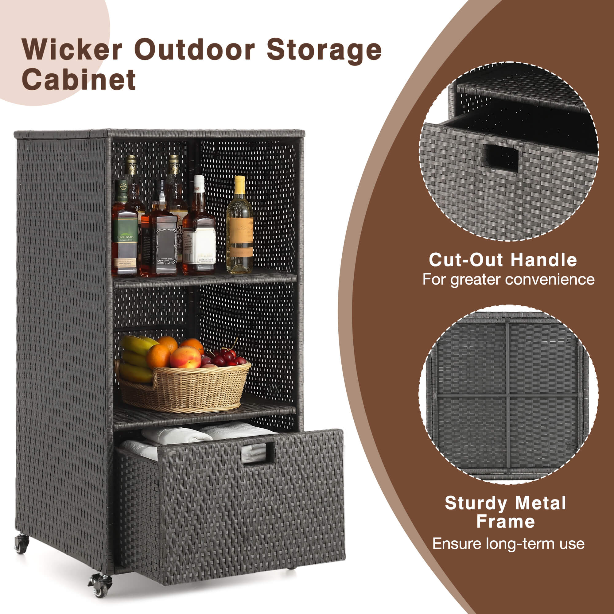 HOMREST Outdoor Pool Towel Rack with Storage Cabinet, Waterproof PE Rattan Wicker Poolside Towel Organizer with Shelves & Drawer, Rolling Wheels Towel Valet Caddy, Black