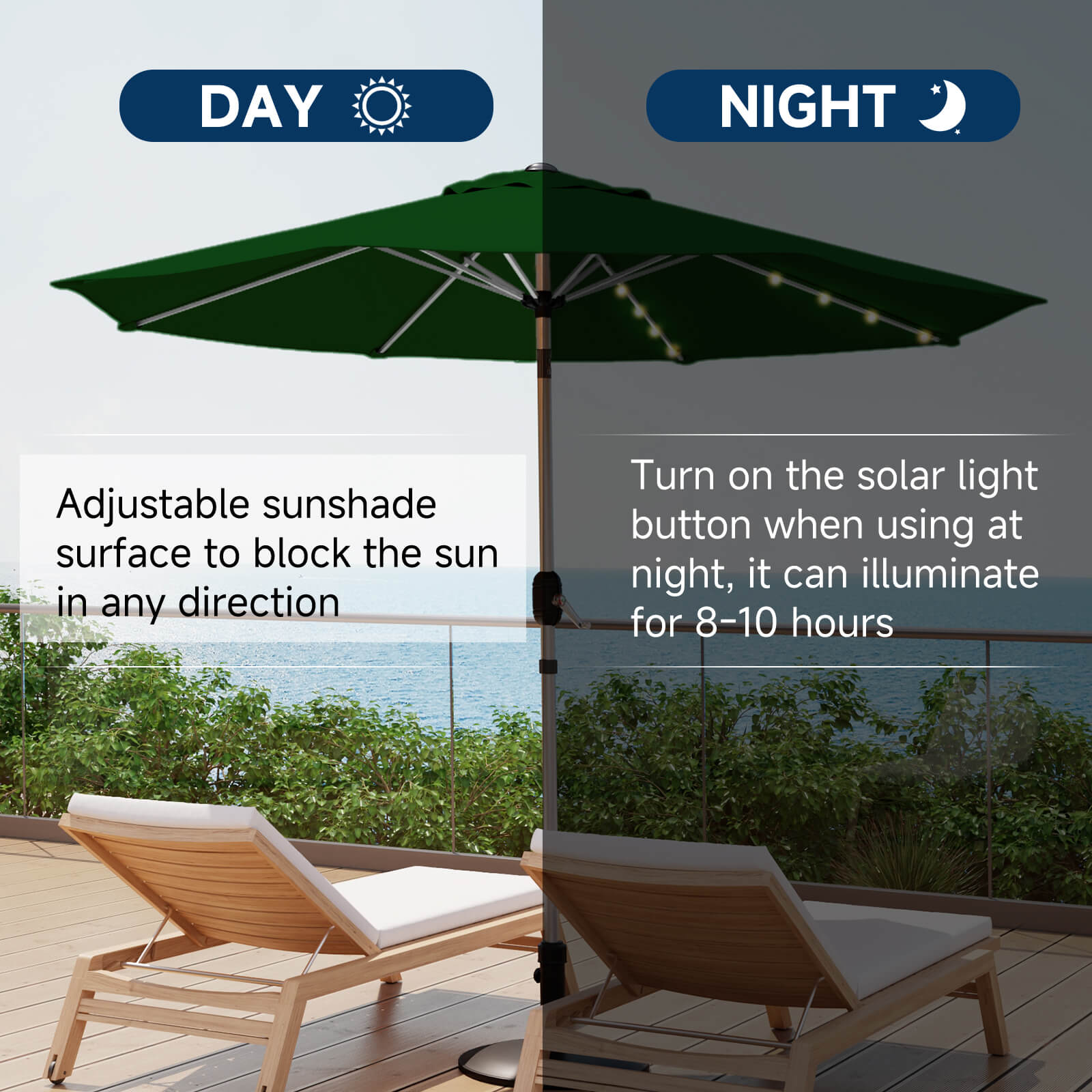 Homrest 10FT Solar Lighted Patio Umbrella, Fade-Resistant Outdoor Umbrella with Tilt, 8 Aluminum Ribs Green