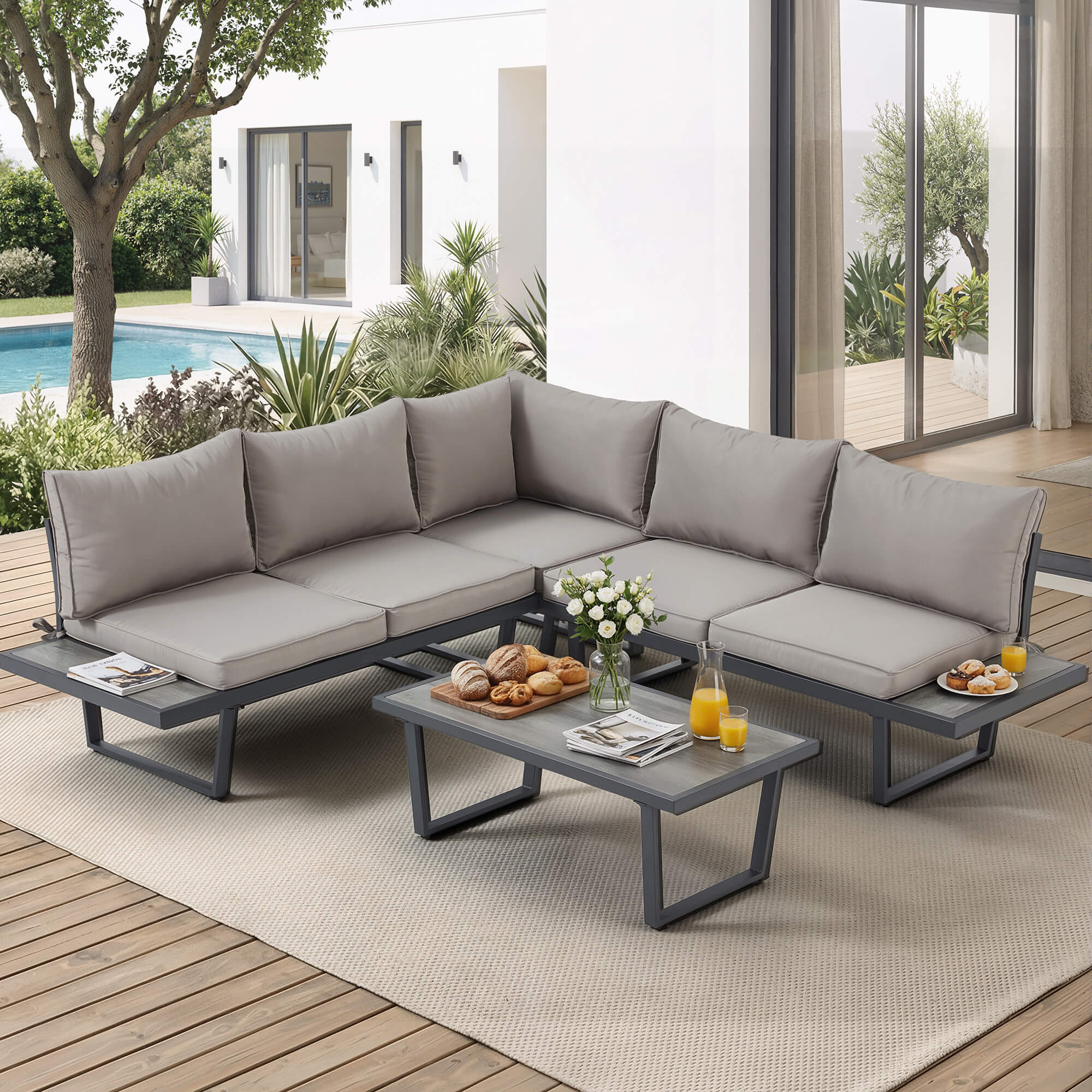 HOMREST Patio Conversation Sets, 4 Piece  Outdoor Patio Furniture Set, Outdoor Furniture with Coffee Table, Gray