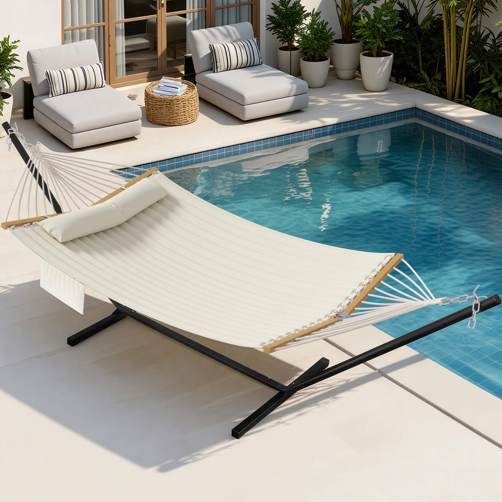 HOMREST Modern Rope Hammock with Stand, Portable Outdoor Hammock for Backyard, Beach & Camping, Off-White