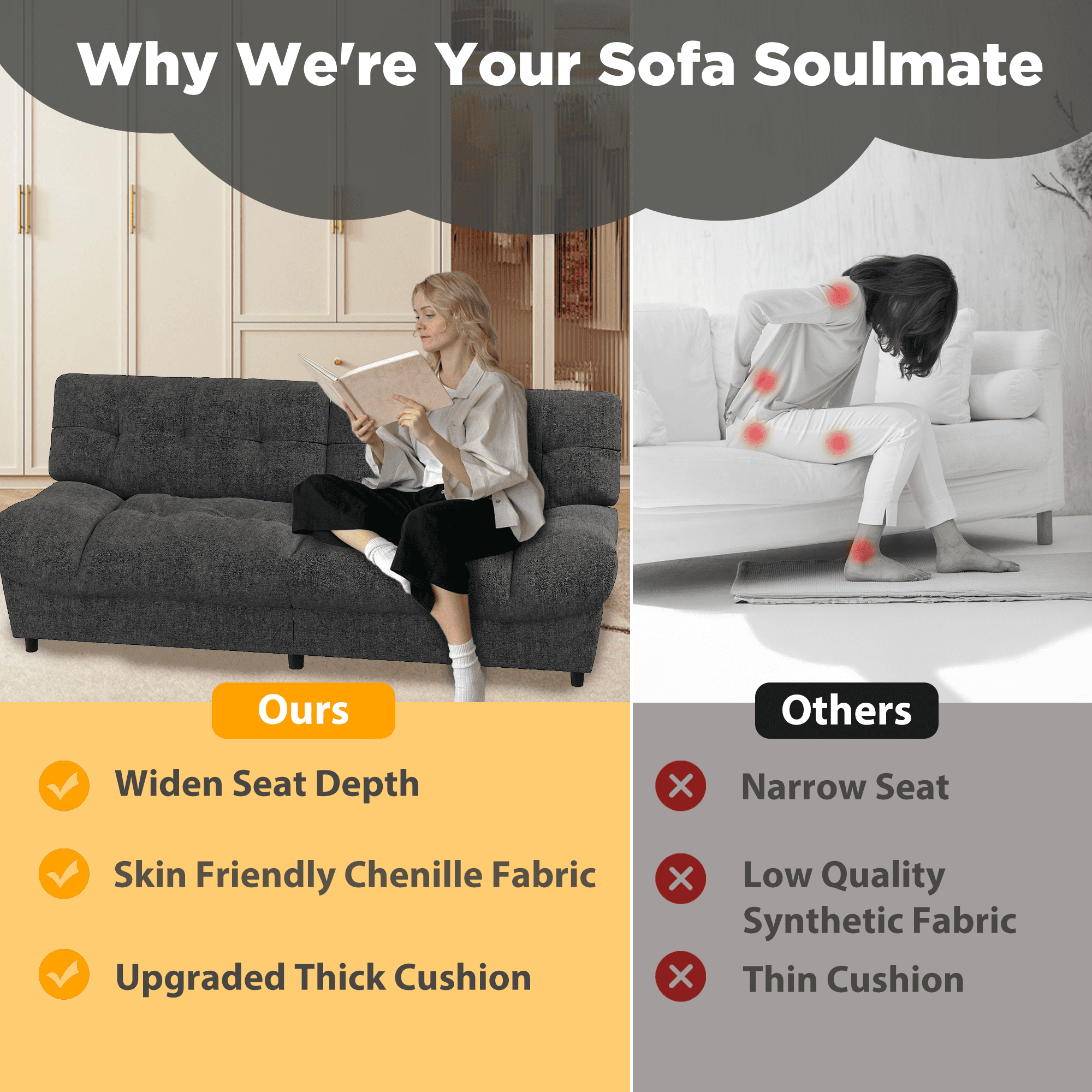 HOMREST 80 Inch Chenille Cloud Sofa Loveseat, Deep Seat Couch with Pillow Armrests, Dark Grey