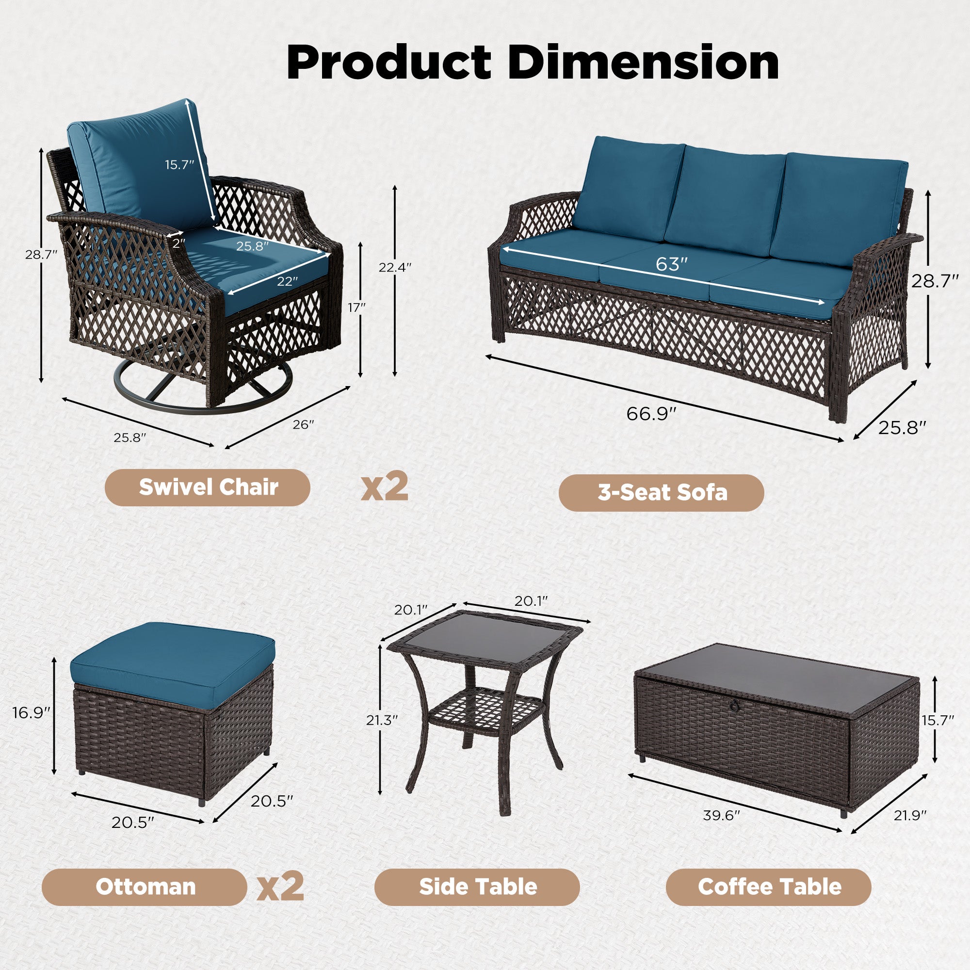 HOMREST 2 Piece All-Weather Outdoor Wicker Ottoman, Patio Footrest & Extra Seat with Thick Cushion (Turquoise)