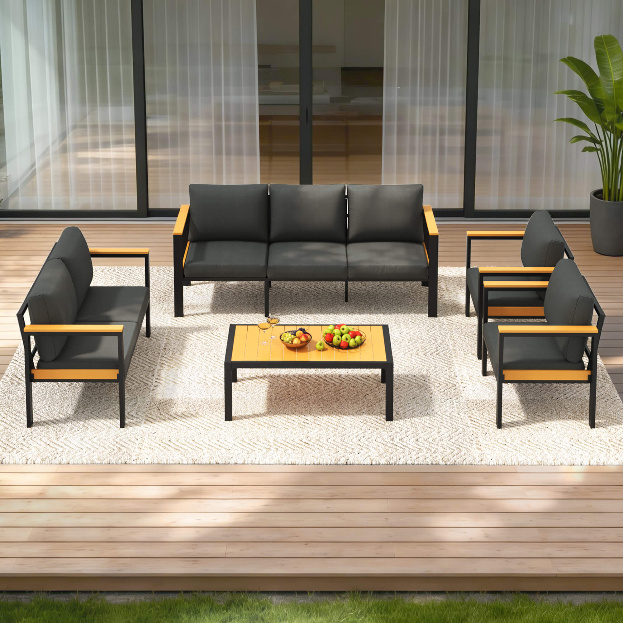 HOMREST 5 Piece Patio Furniture Set, Metal Patio Conversation Set with Coffee Table, All-Weather Outdoor Furniture, Black
