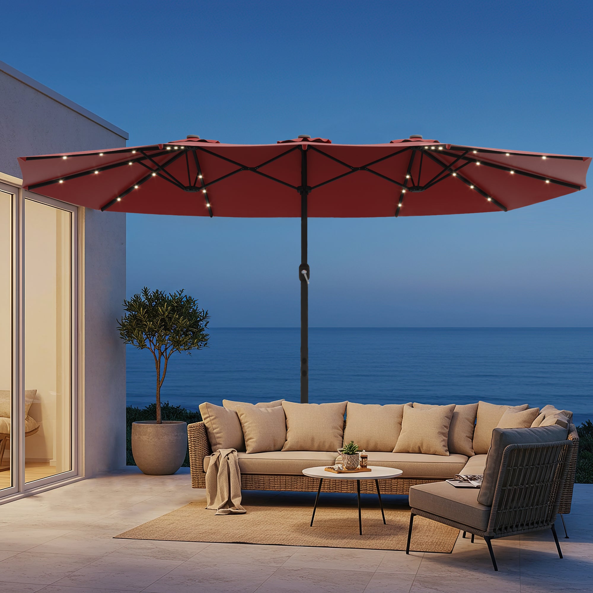 HOMREST 15ft Large Double-Sided Patio Umbrella with Solar LED Lights, Outdoor Crank System, and Base – Perfect for Garden, Deck, Poolside, Red