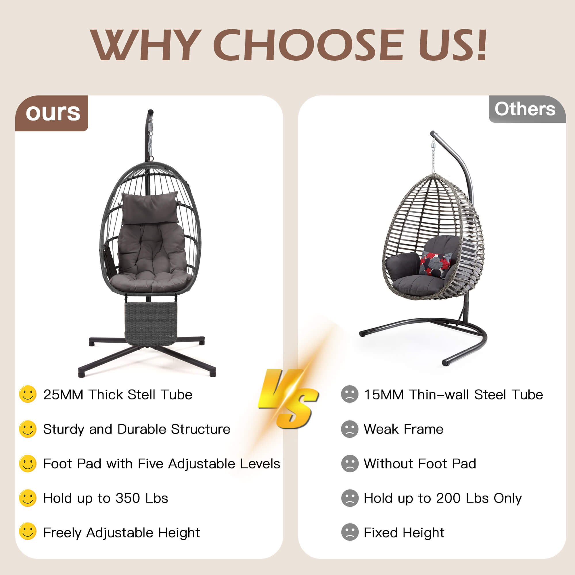 HOMREST Hanging Egg Chair with Stand & Removable Leg Rest, Hammock Chair for Patio, Bedroom, Gray