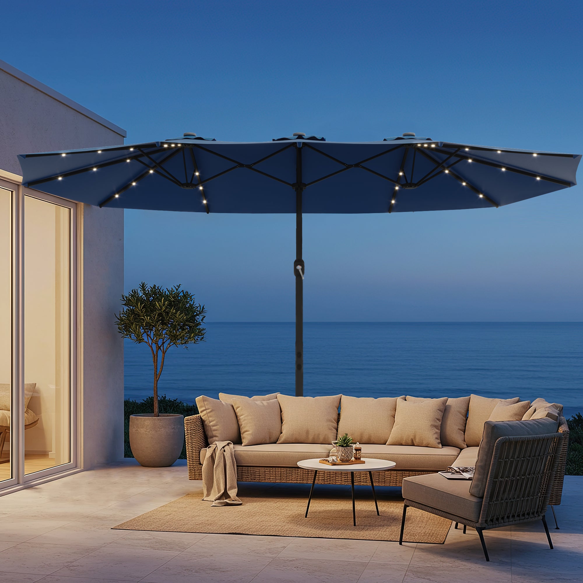 HOMREST 15ft Large Double-Sided Patio Umbrella with Solar LED Lights, Outdoor Crank System, and Base – Perfect for Garden, Deck, Poolside, Navy