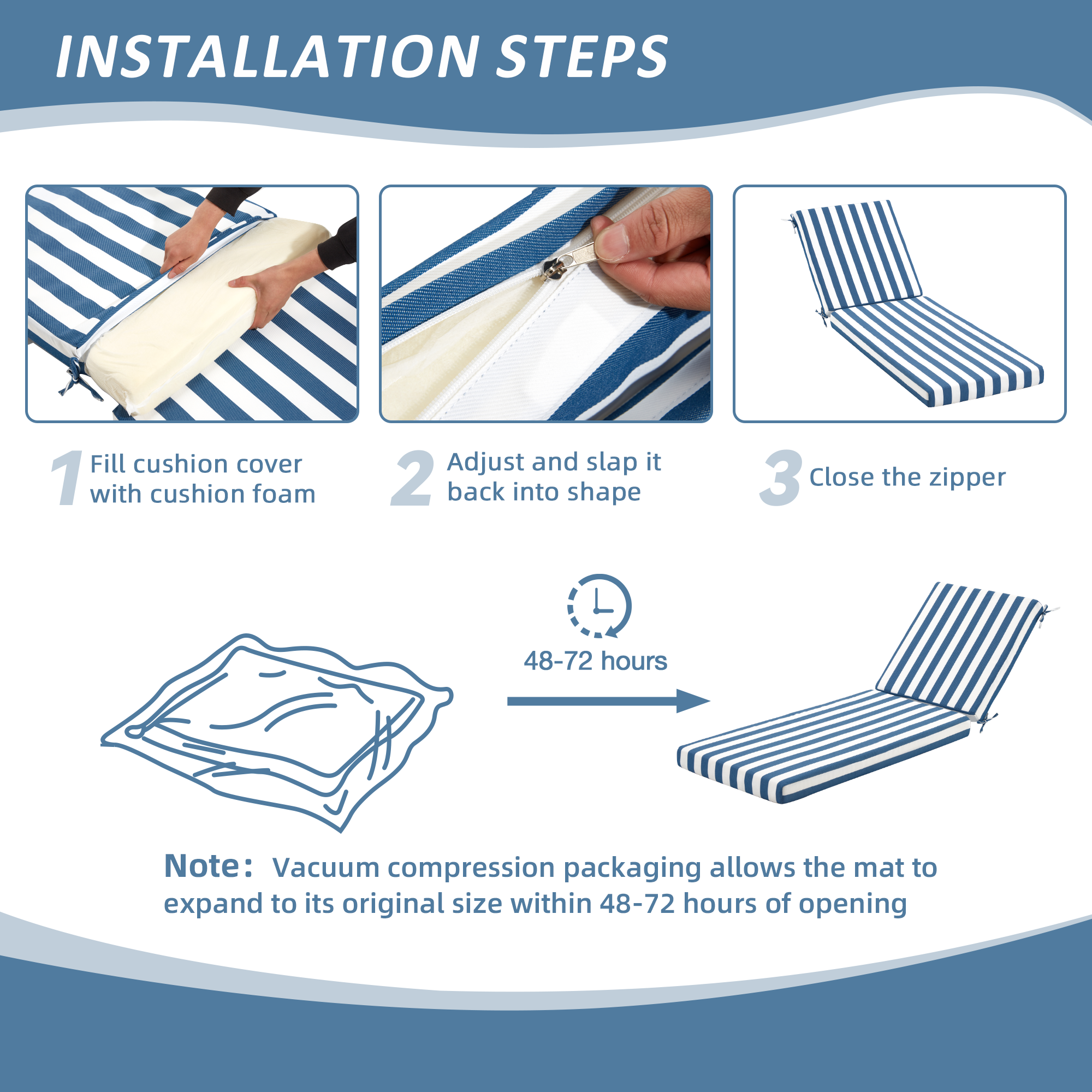 HOMREST Outdoor Lounge Chair Cushion Replacement Set of 2, Blue Stripes