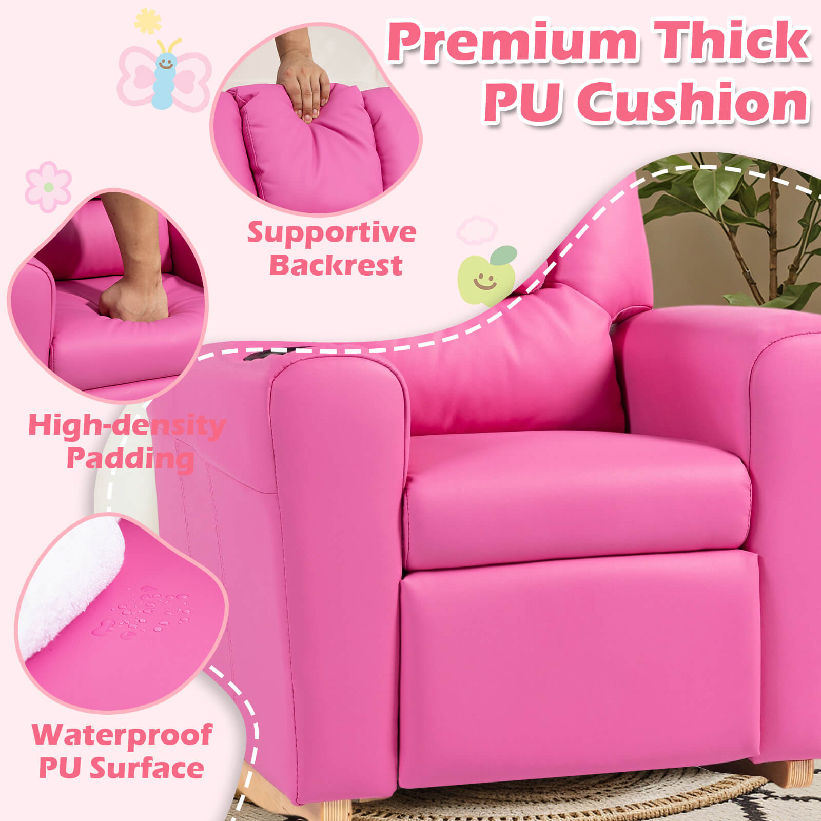 HOMREST Kids Recliner Chair with Cup Holder, Leather Toddler Recliner with Adjustable Backrest, Curved Rocking Legs and Comfy Armrests, Pink