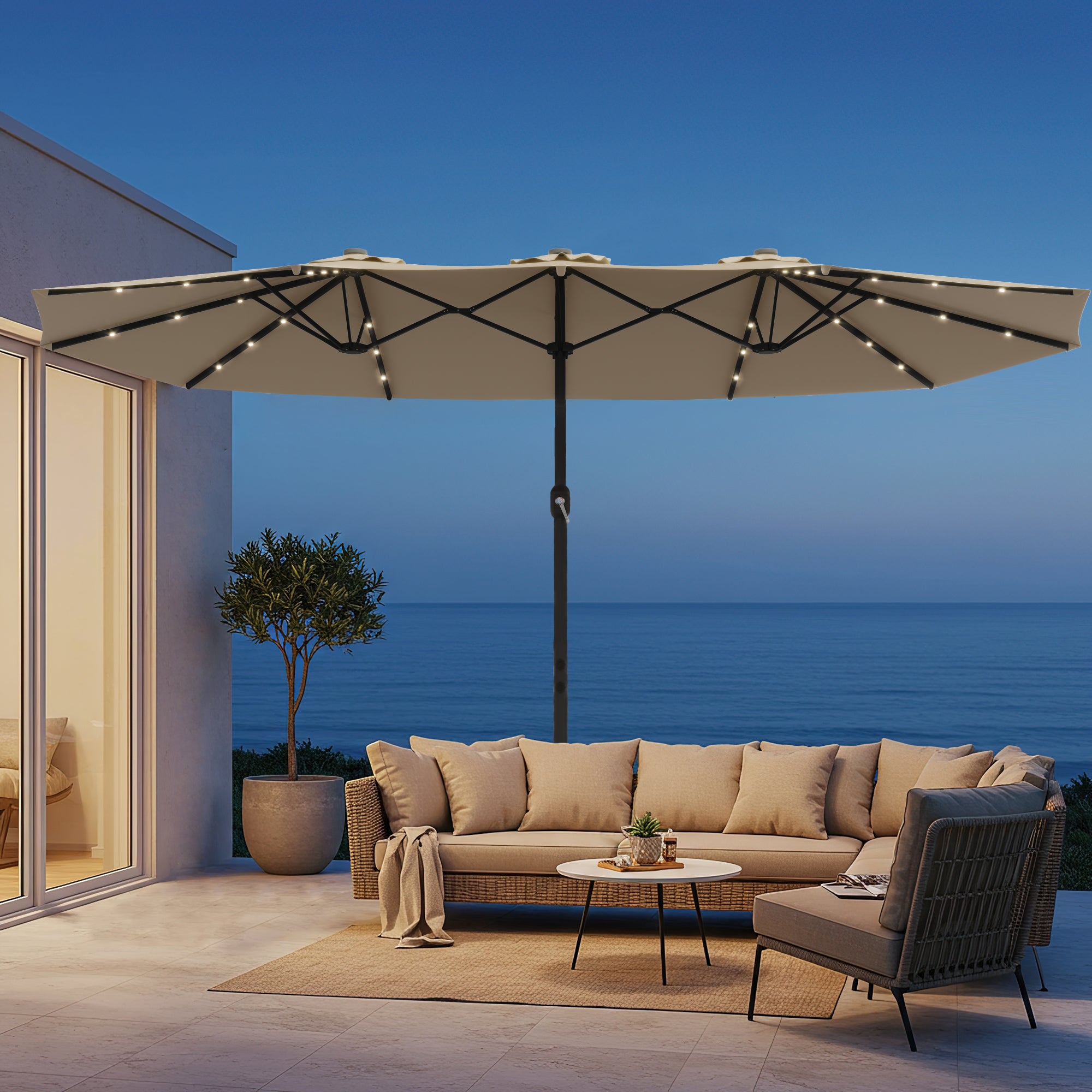 HOMREST 15ft Large Double-Sided Patio Umbrella with Solar LED Lights, Outdoor Crank System, and Base – Perfect for Garden, Deck, Poolside, Beige