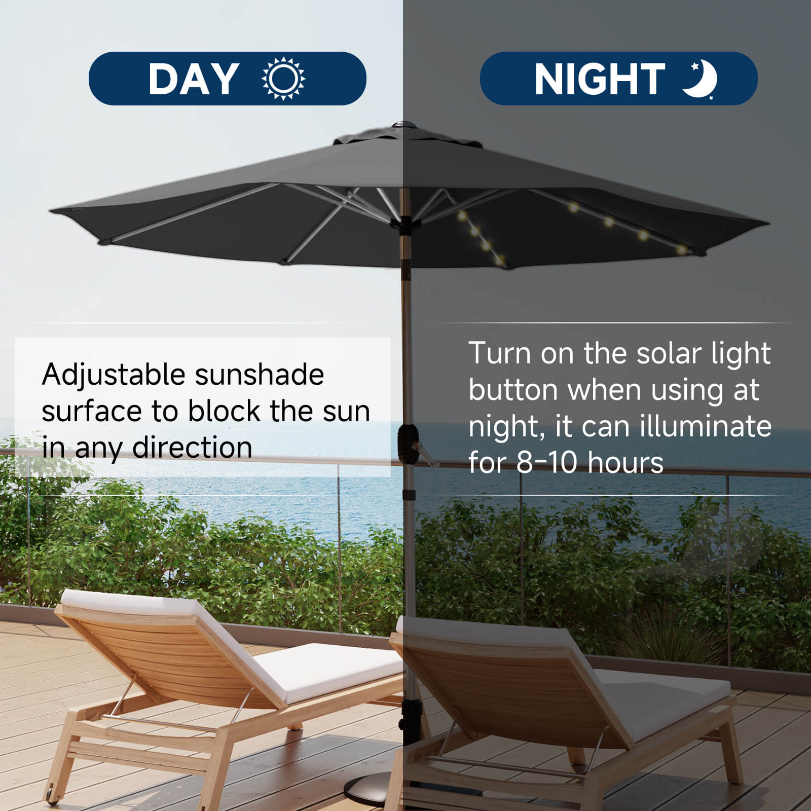 Homrest 9FT Solar Patio Umbrella, Fade-Resistant Outdoor Market Umbrella with Tilt, 8 Aluminum Ribs for Gardens,Grey