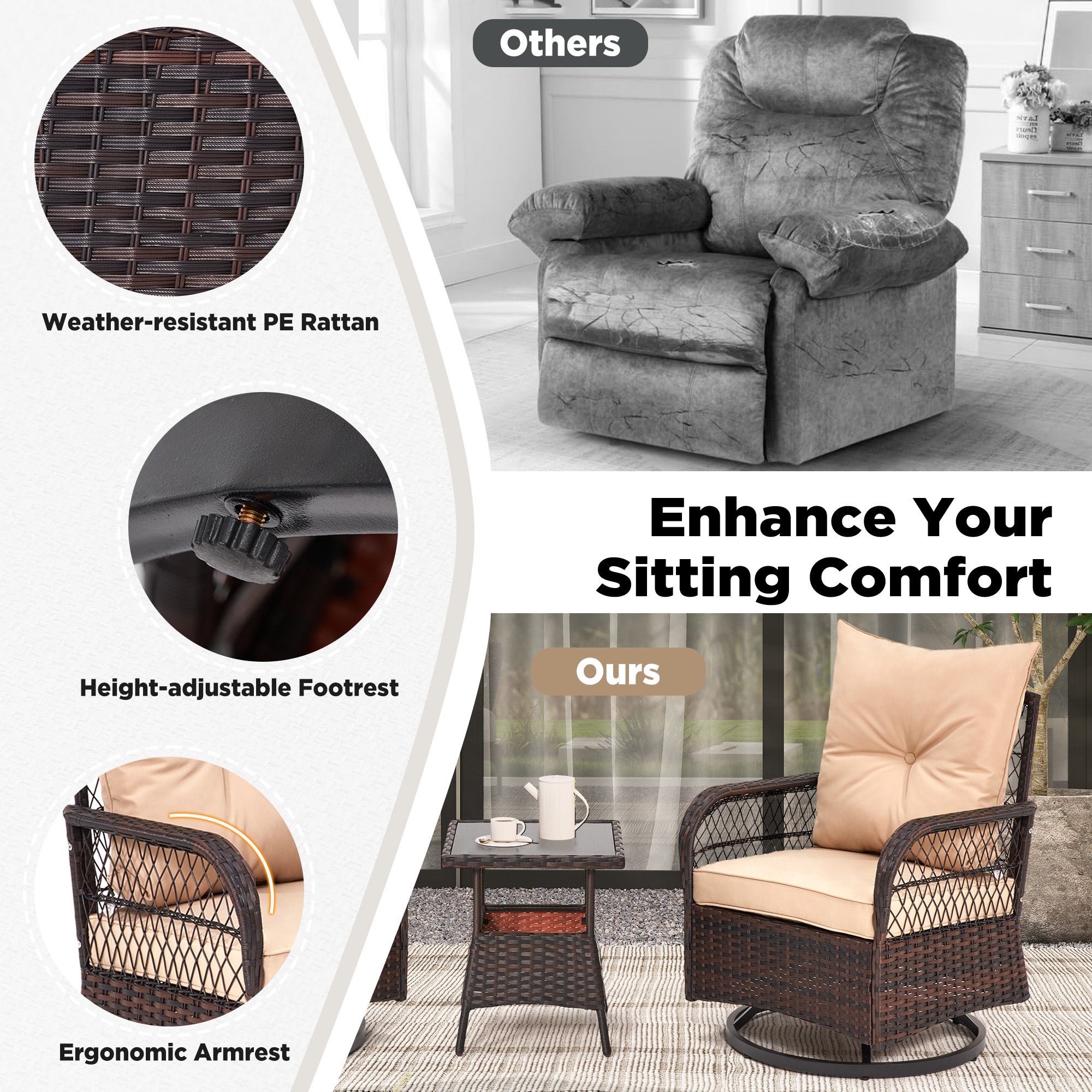 HOMREST 3-Piece Patio Swivel Rocker Set with Rattan Coffee Table, Beige
