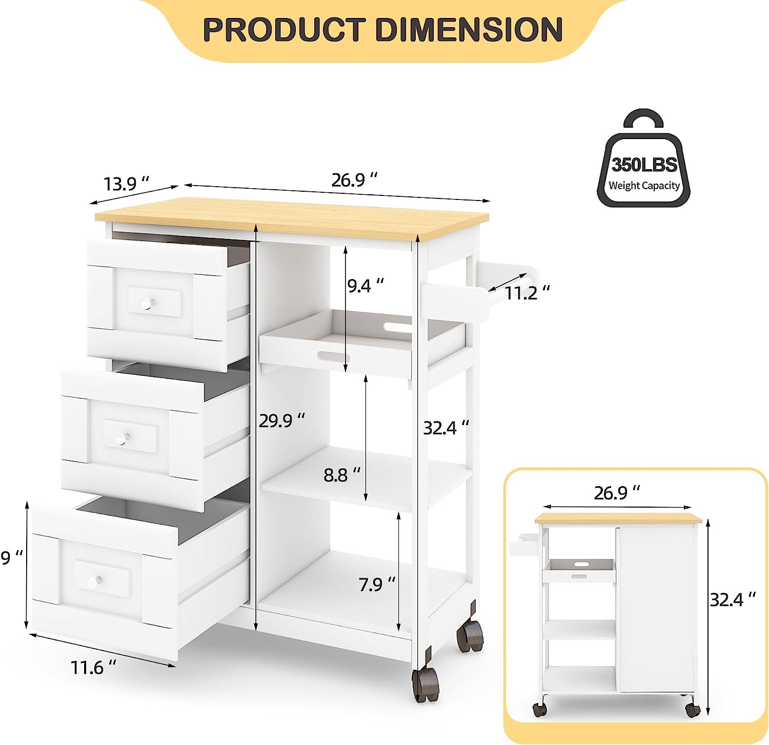 Dimensions of Homrest kitchen island on wheels