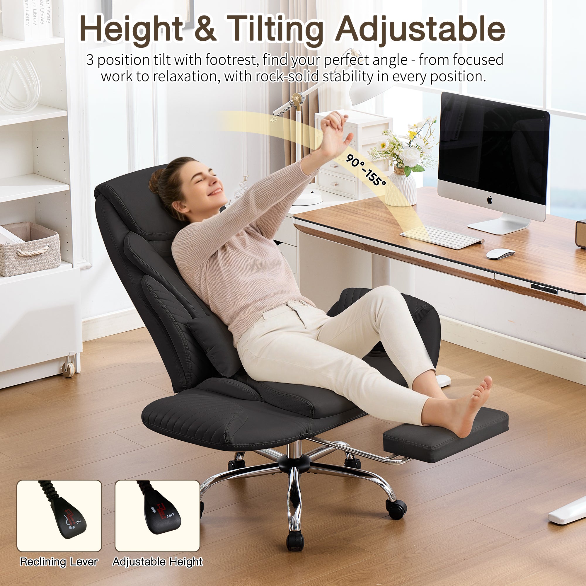 HOMREST Modern Cross Legged Office Chair with Footrest,Leather Ergonomic Executive Chair with Lumbar Pillow, Black