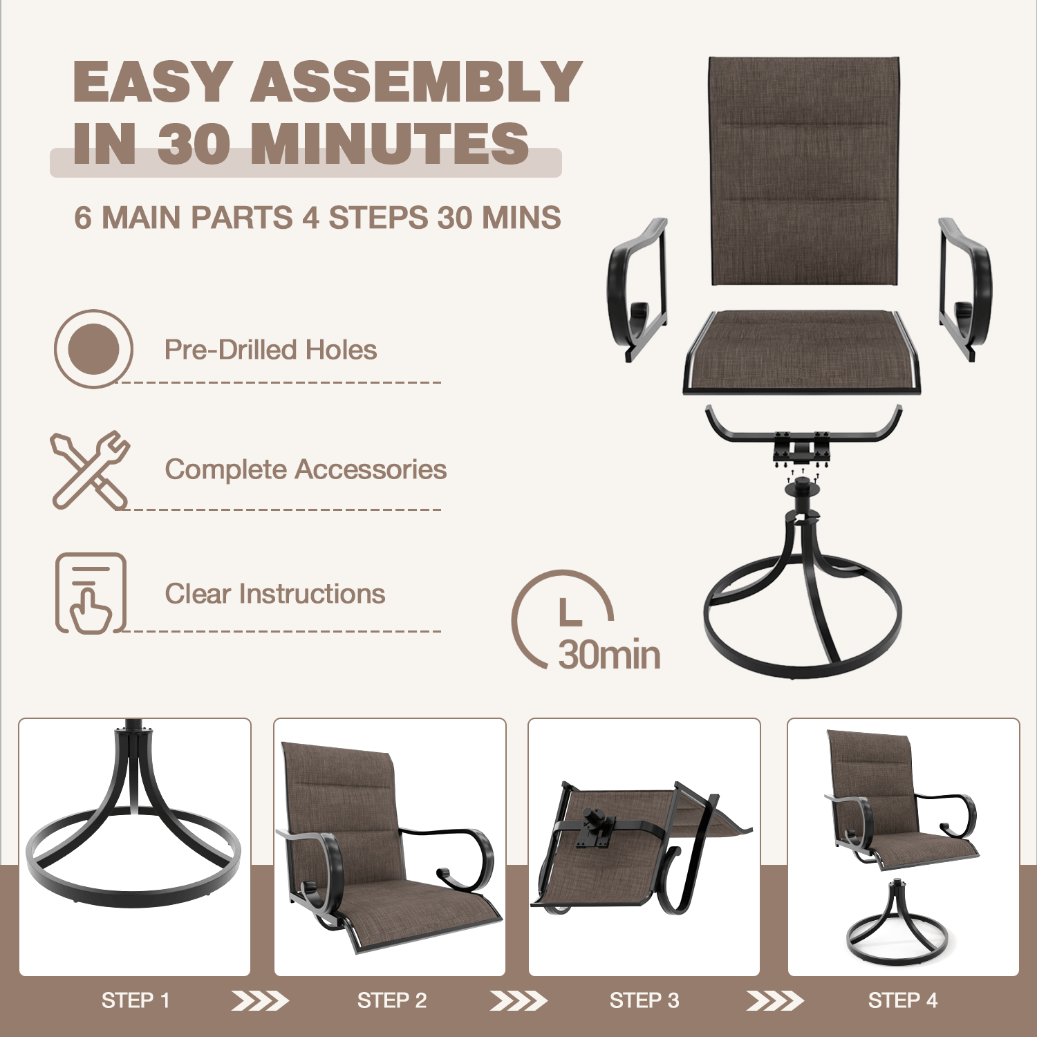 HOMREST Swivel Outdoor Chairs Set of 4, High Back Padded Textilene Patio Dining Chairs with Metal Frame, Brown