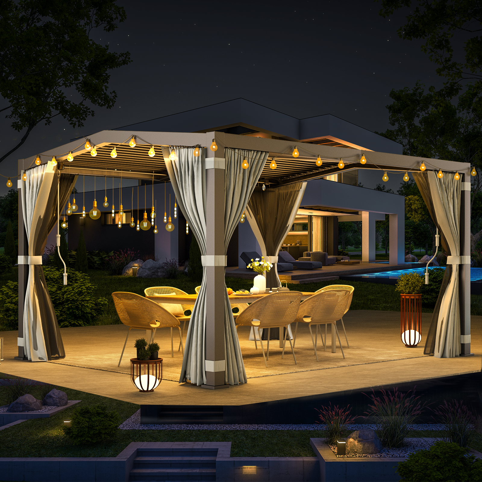 HOMREST Louvered Pergola 11x13 Outdoor Hard Top Pergola with Aluminum Frame and Adjustable Metal Rainproof Roof for Garden & Patio, Curtains and Netting Included, Gray-Black