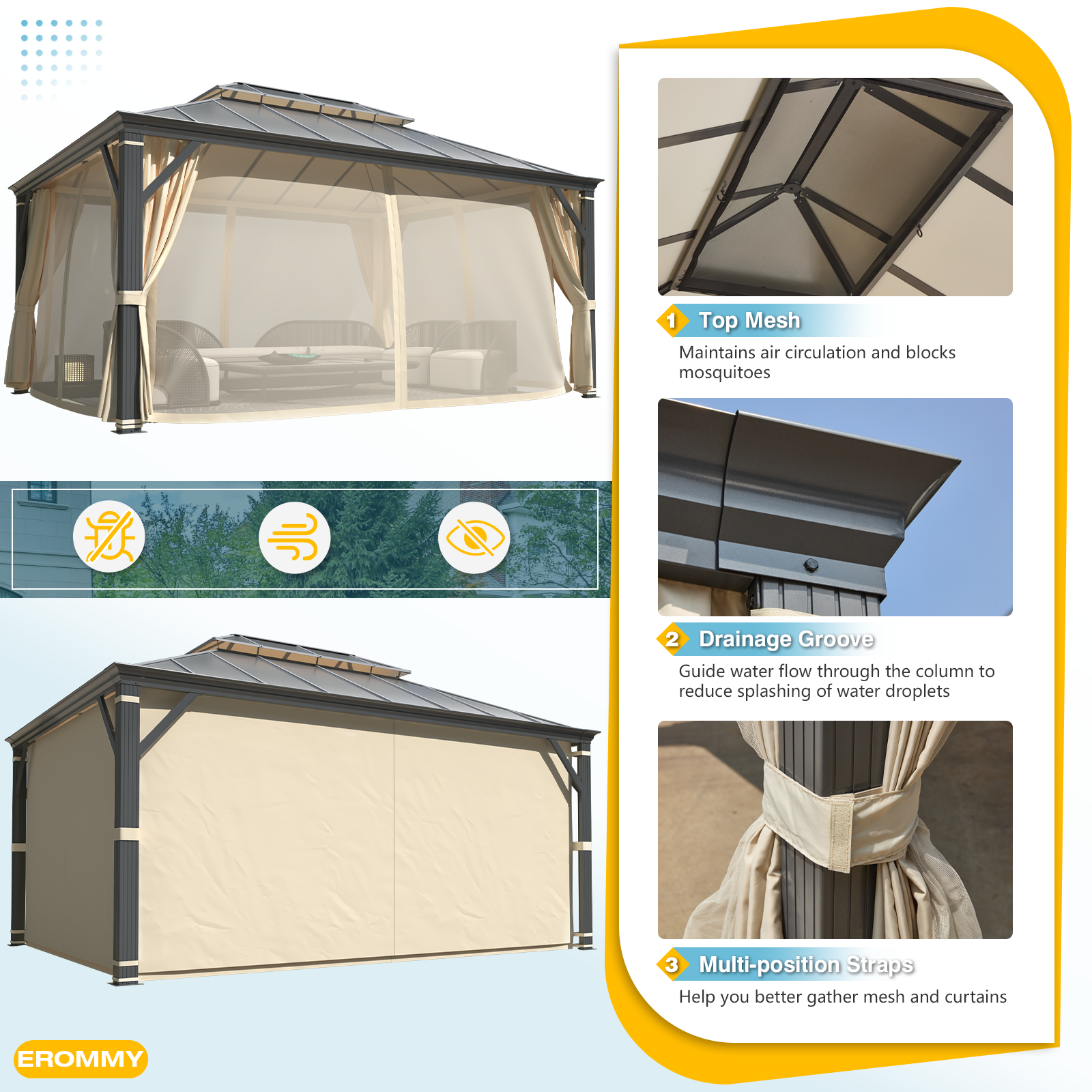 Homrest 12' x 16' Hardtop Gazebo, Permanent Outdoor Aluminum Patio Gazebo, Double Roof, Patio and Garden, Curtains and Netting