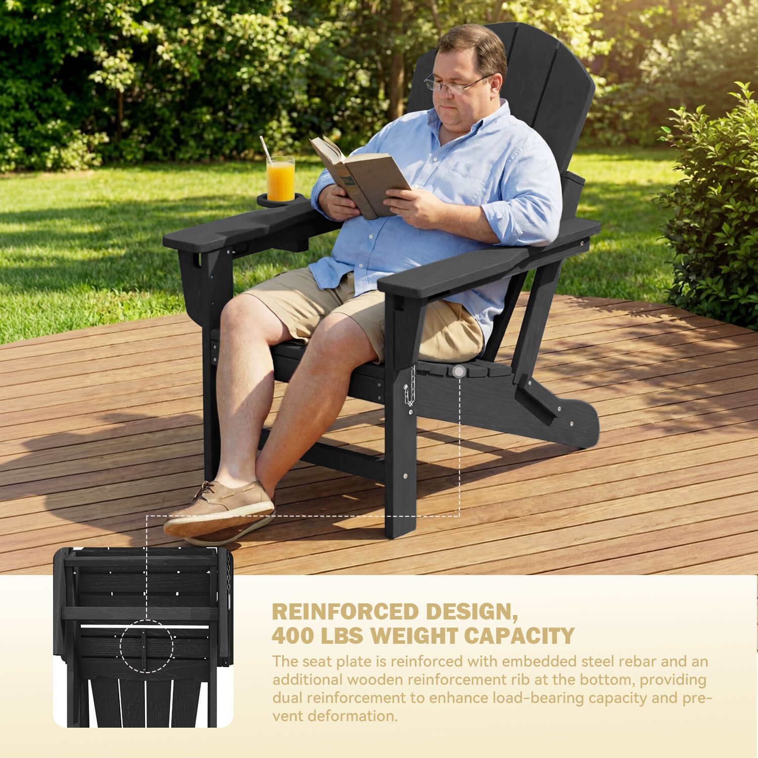 HOMREST 3-Position Adjustable Adirondack Chairs Set of 2, 400LBS HDPE Folding Outdoor Chairs with Cup Holder, Black