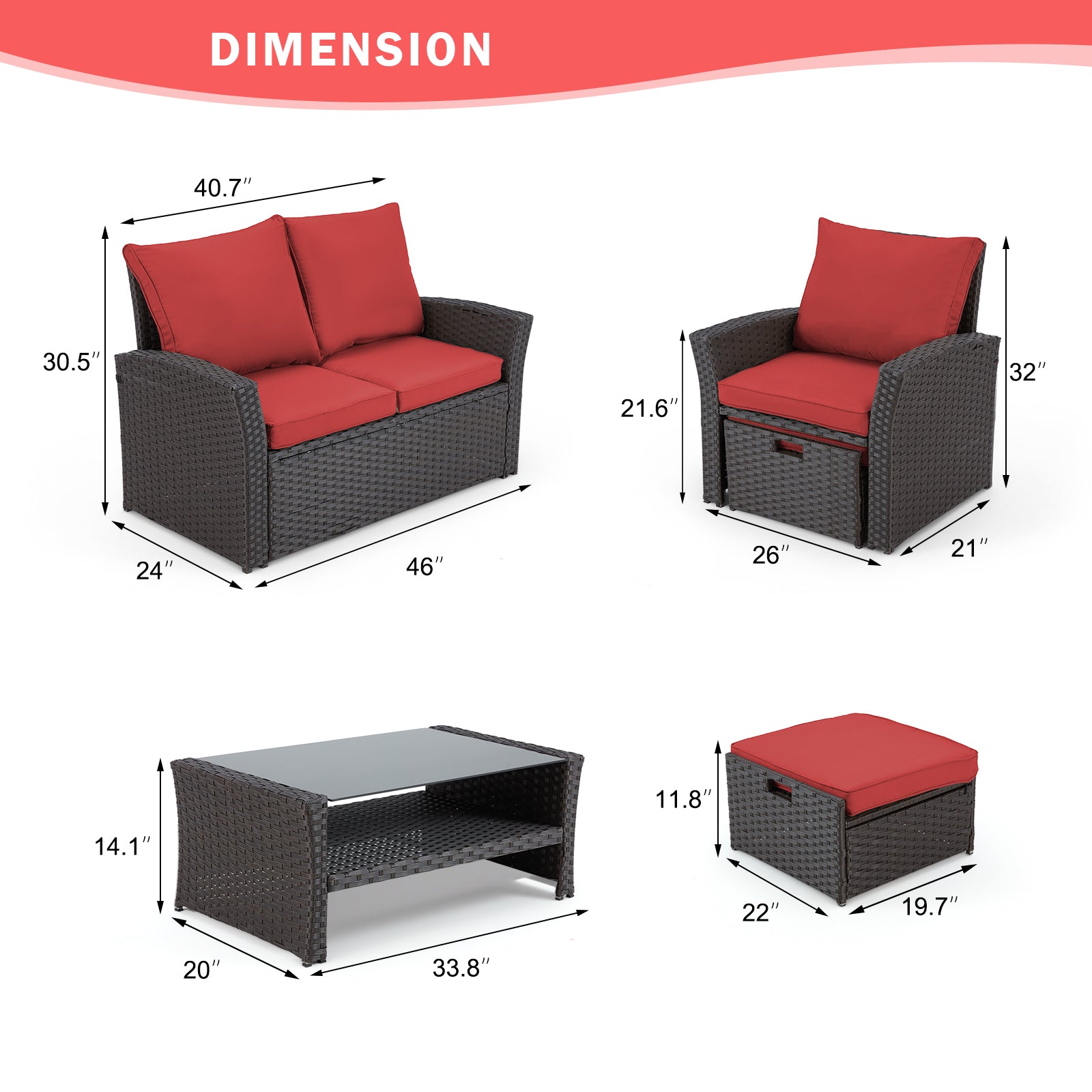 Homrest 6 Pcs Patio Furniture Set with Ottoman and Storage Table, Wine Red